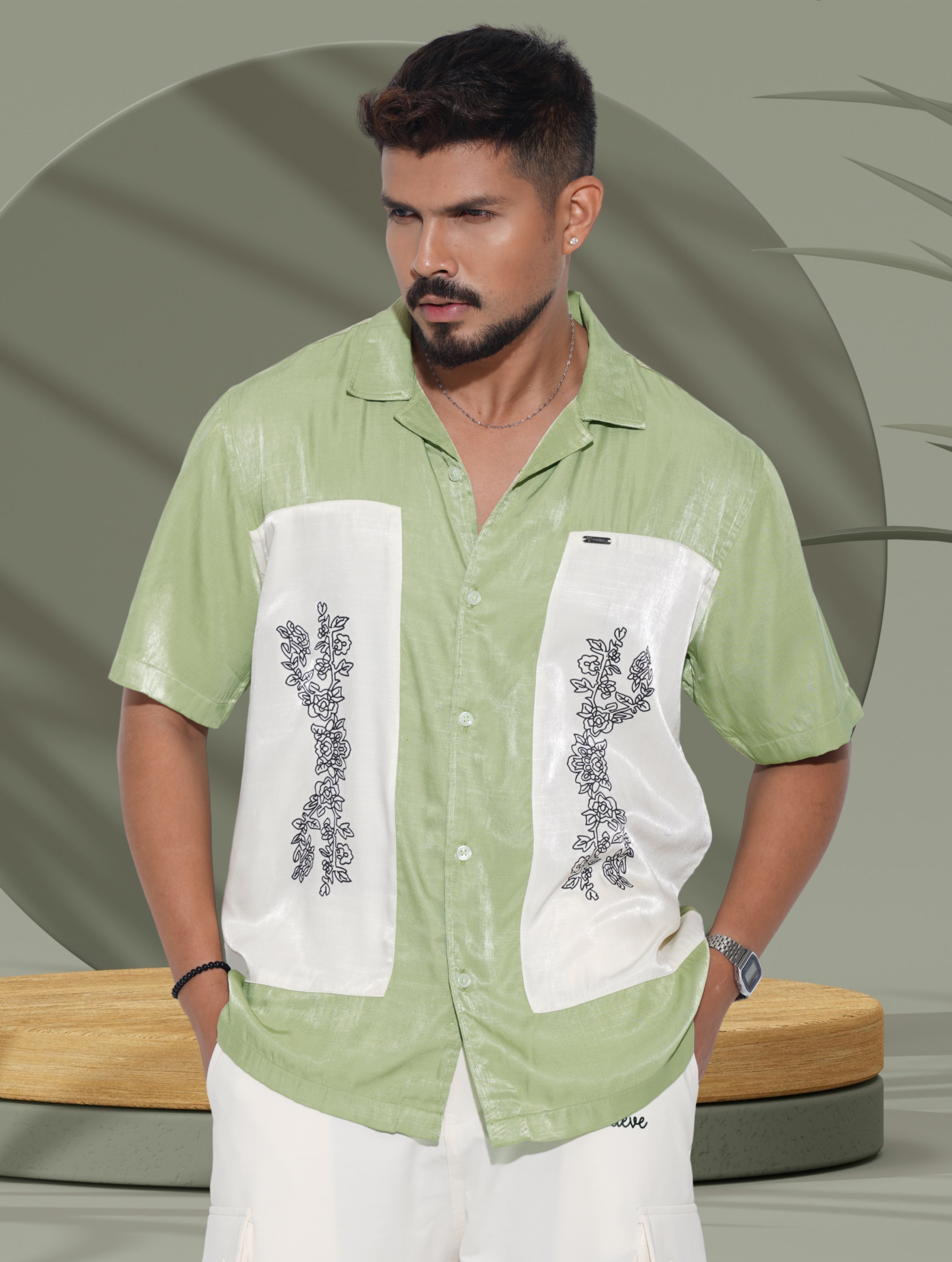 Green color cream embroidey design premium havana shirt
