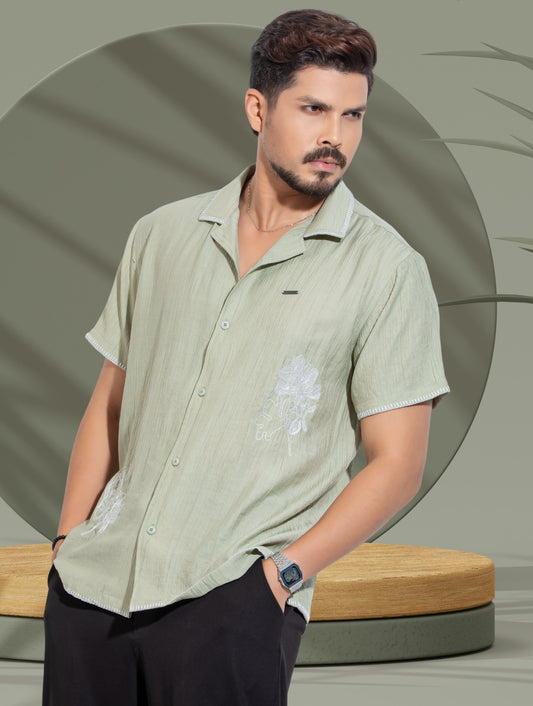 Olive Flower Embroidery Viscos havana shirt