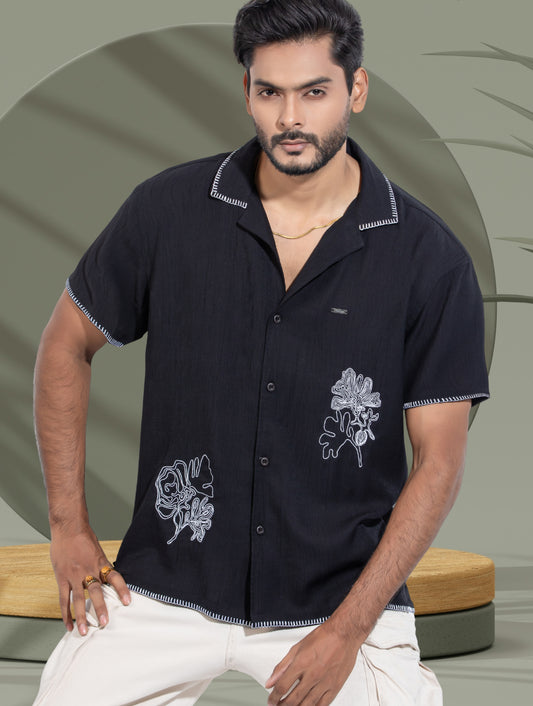 Black Flower Embroidery Viscos havana shirt