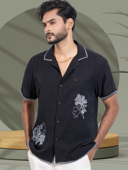 Black Flower Embroidery Viscos havana shirt