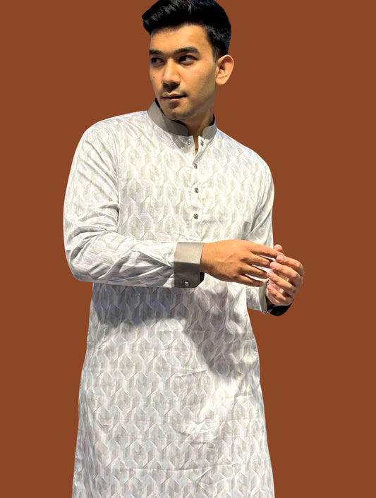 White 3D Abstract Printed Premium Panjabi