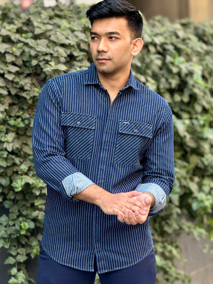 Blue stripe chain design denim full sleeve