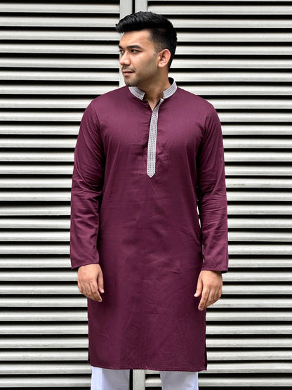 Wine color plate embroidery premium panjabi