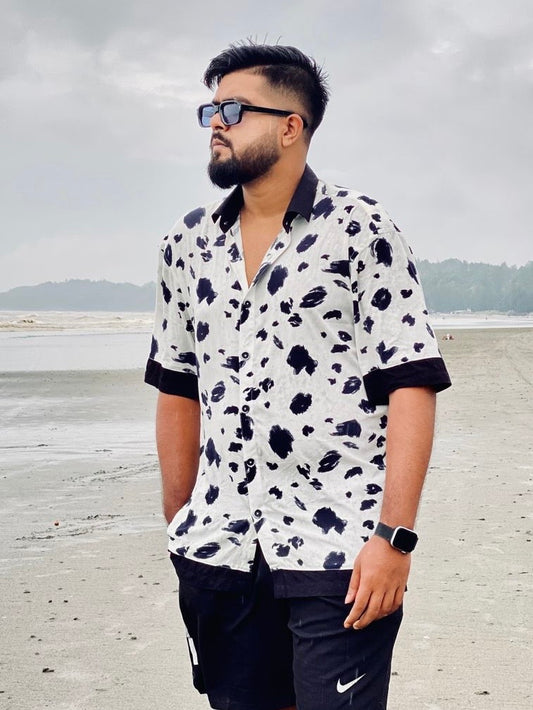 White and black coco print Drop-shoulder half sleeve
