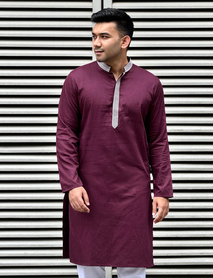 Wine color plate embroidery premium panjabi