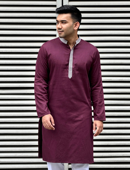 Wine color plate embroidery premium panjabi