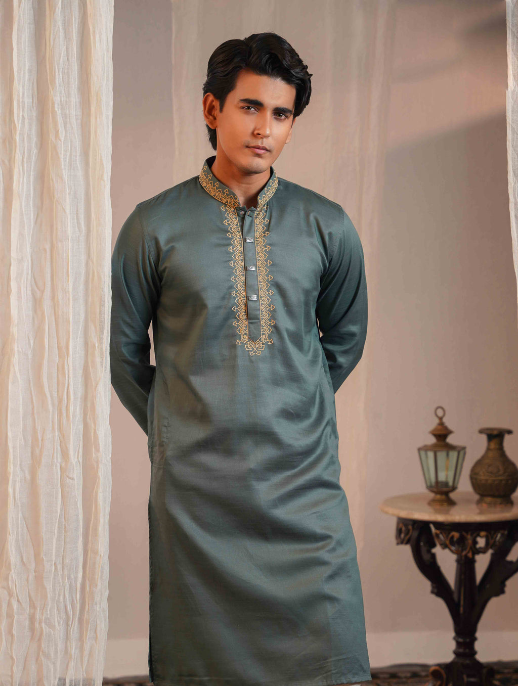Pastel green mosque dome embroidery panjabi