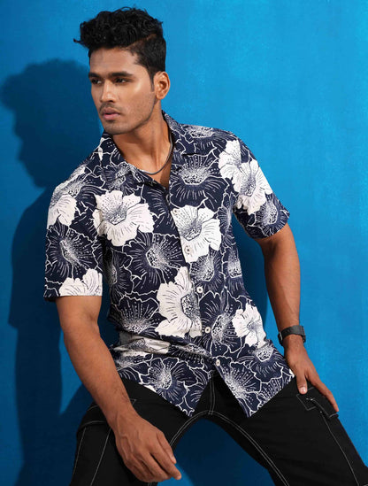 Blue hibiscus flower printed viscos havana shirt