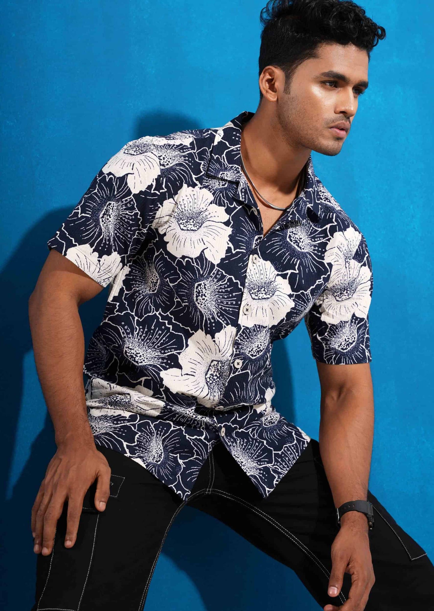 Blue hibiscus flower printed viscos havana shirt