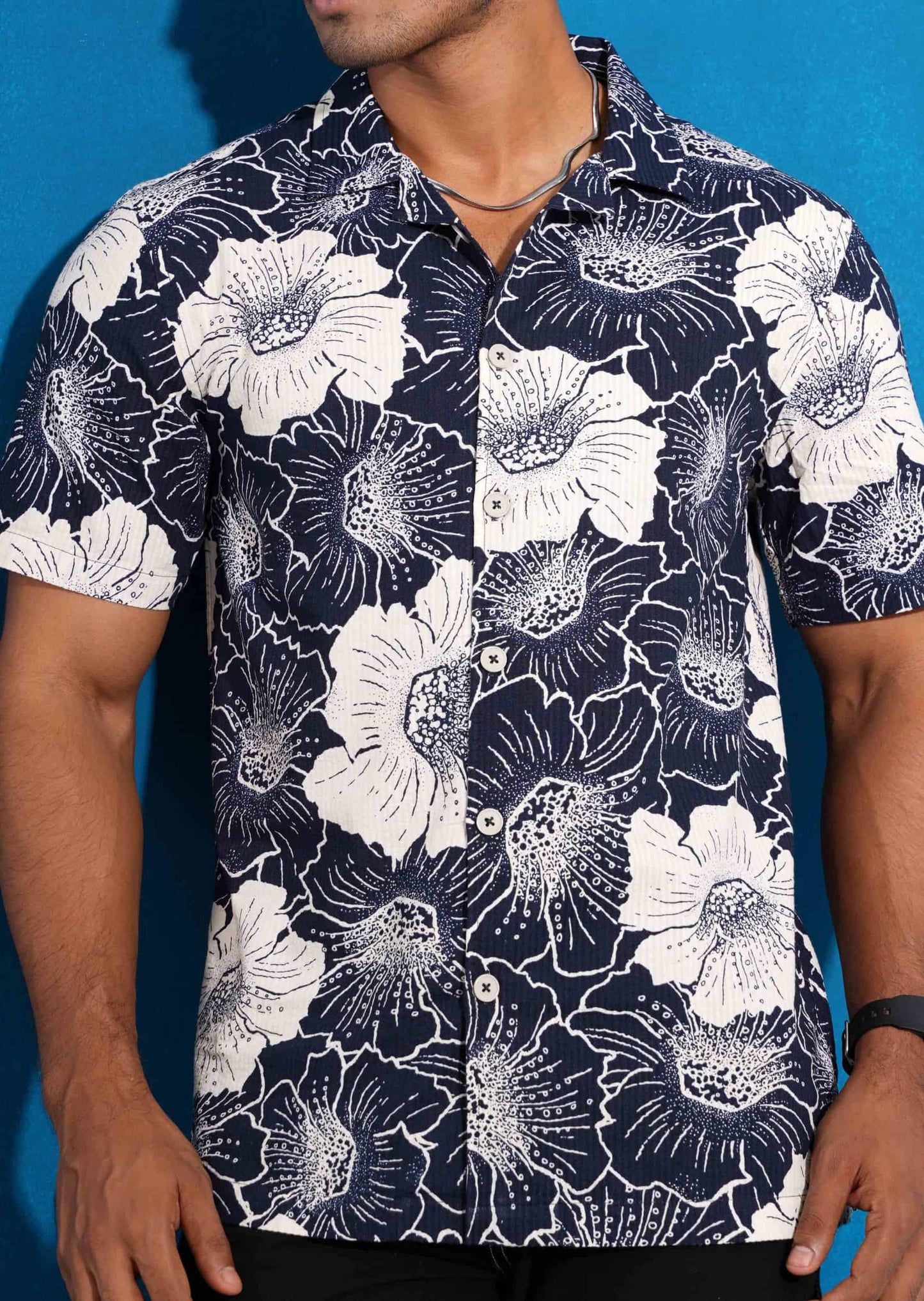 Blue hibiscus flower printed viscos havana shirt