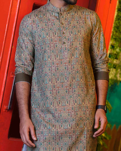 Moss green digital printed panjabi