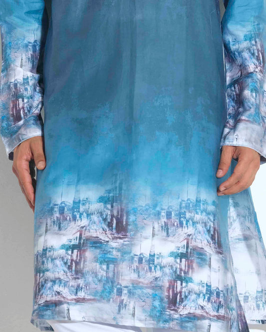 Sky color city printed panjabi