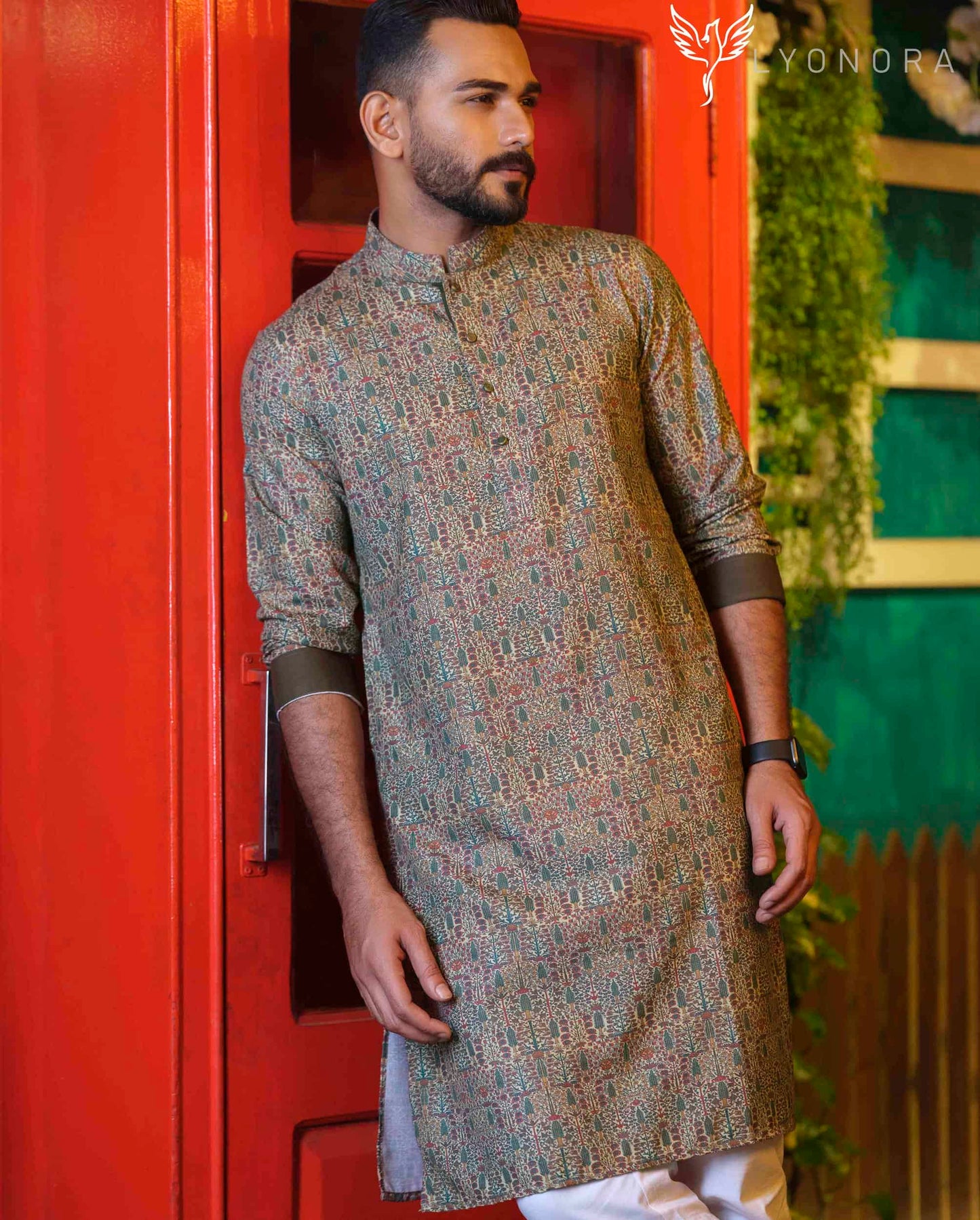 Moss green digital printed panjabi