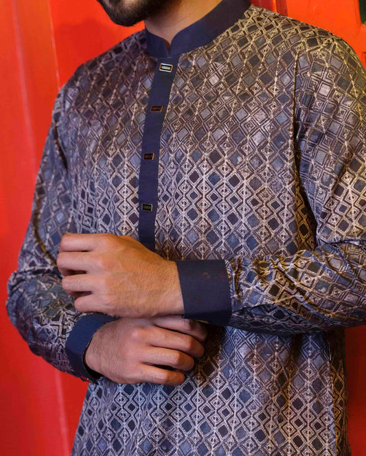 Blue exclusive collar contrast digital printed panjabi