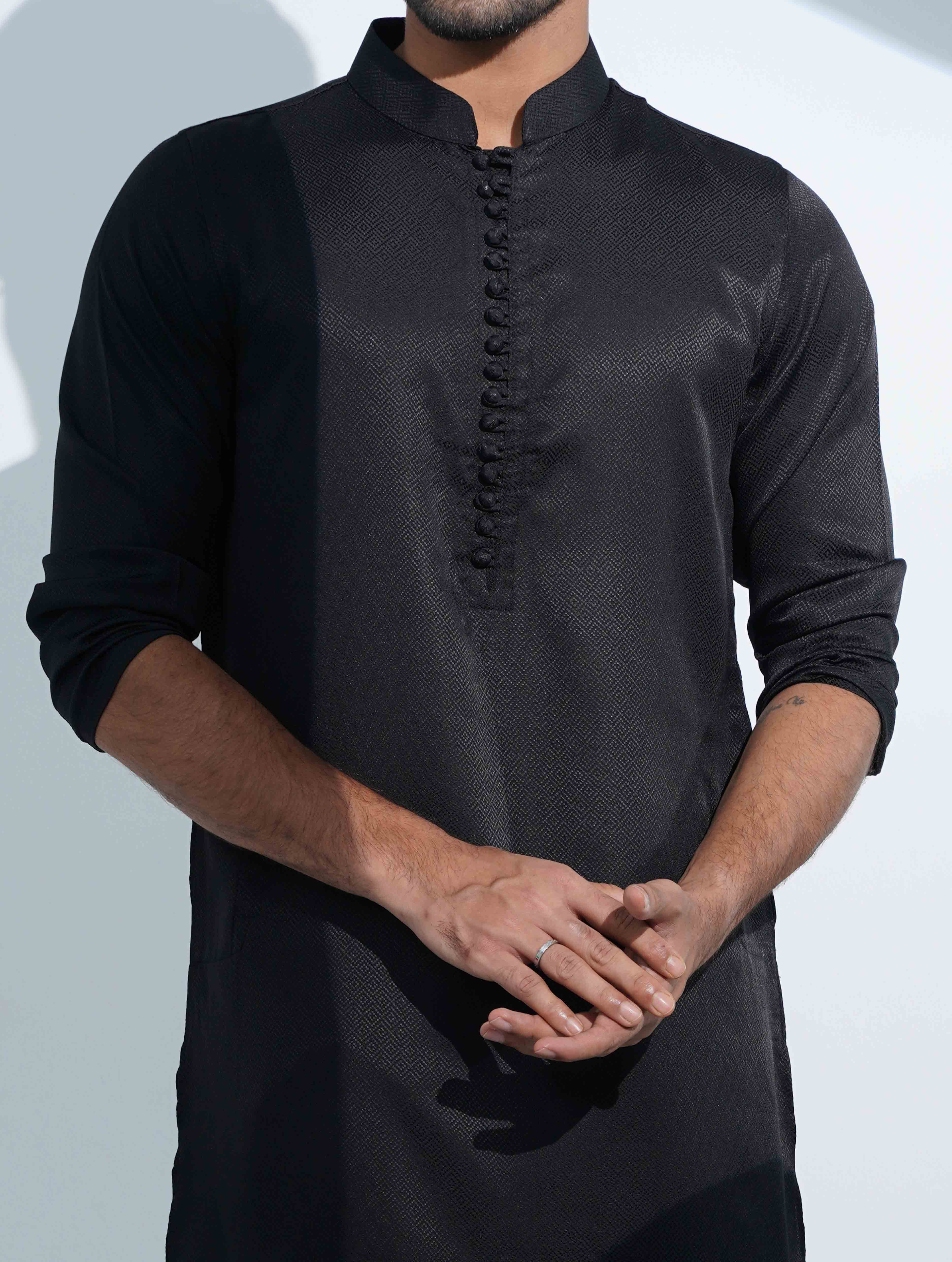 Licorice Black Aesthetic Solid Studs Button Panjabi