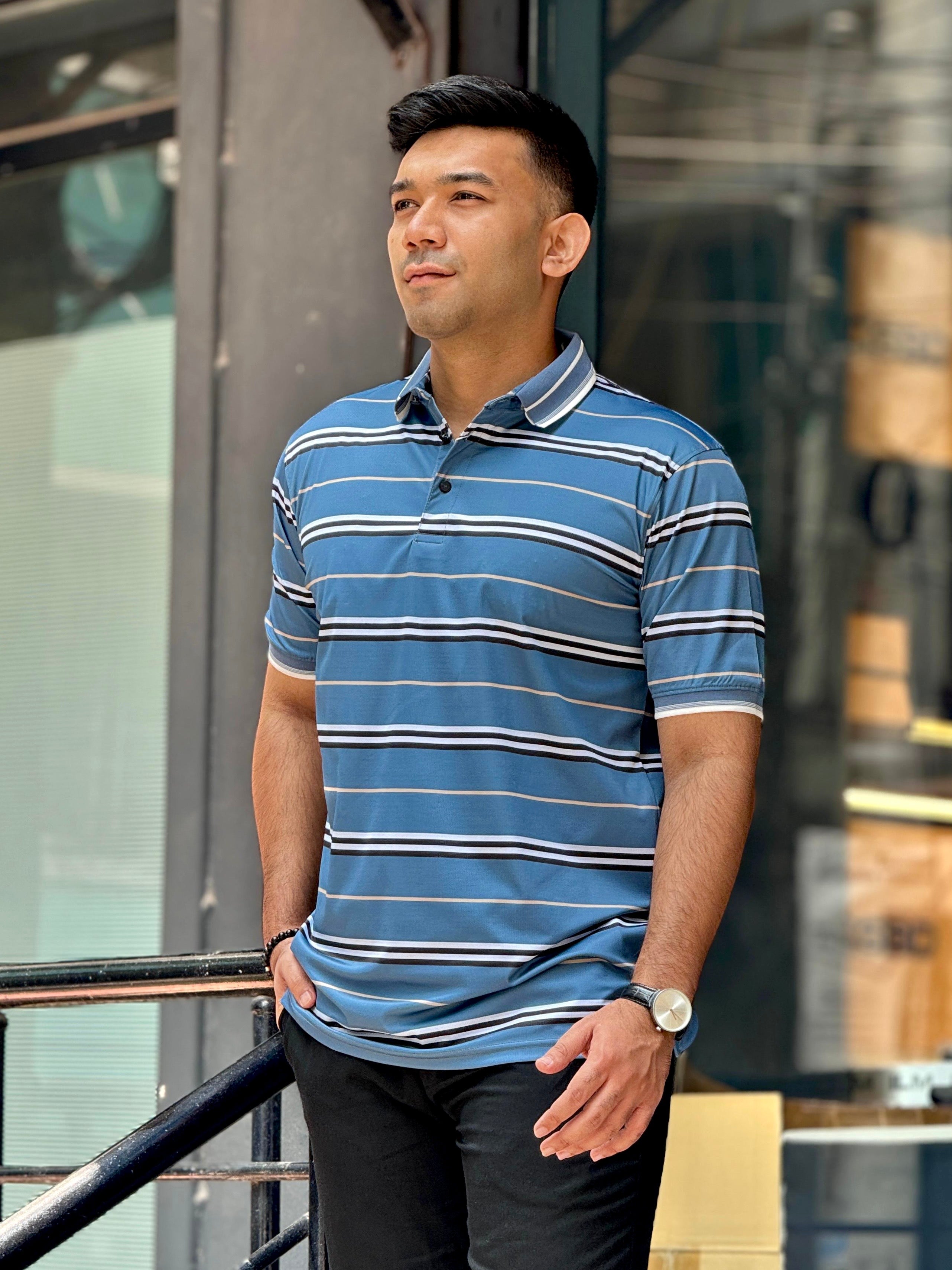 Sapphire blue stripe premium polo shirt