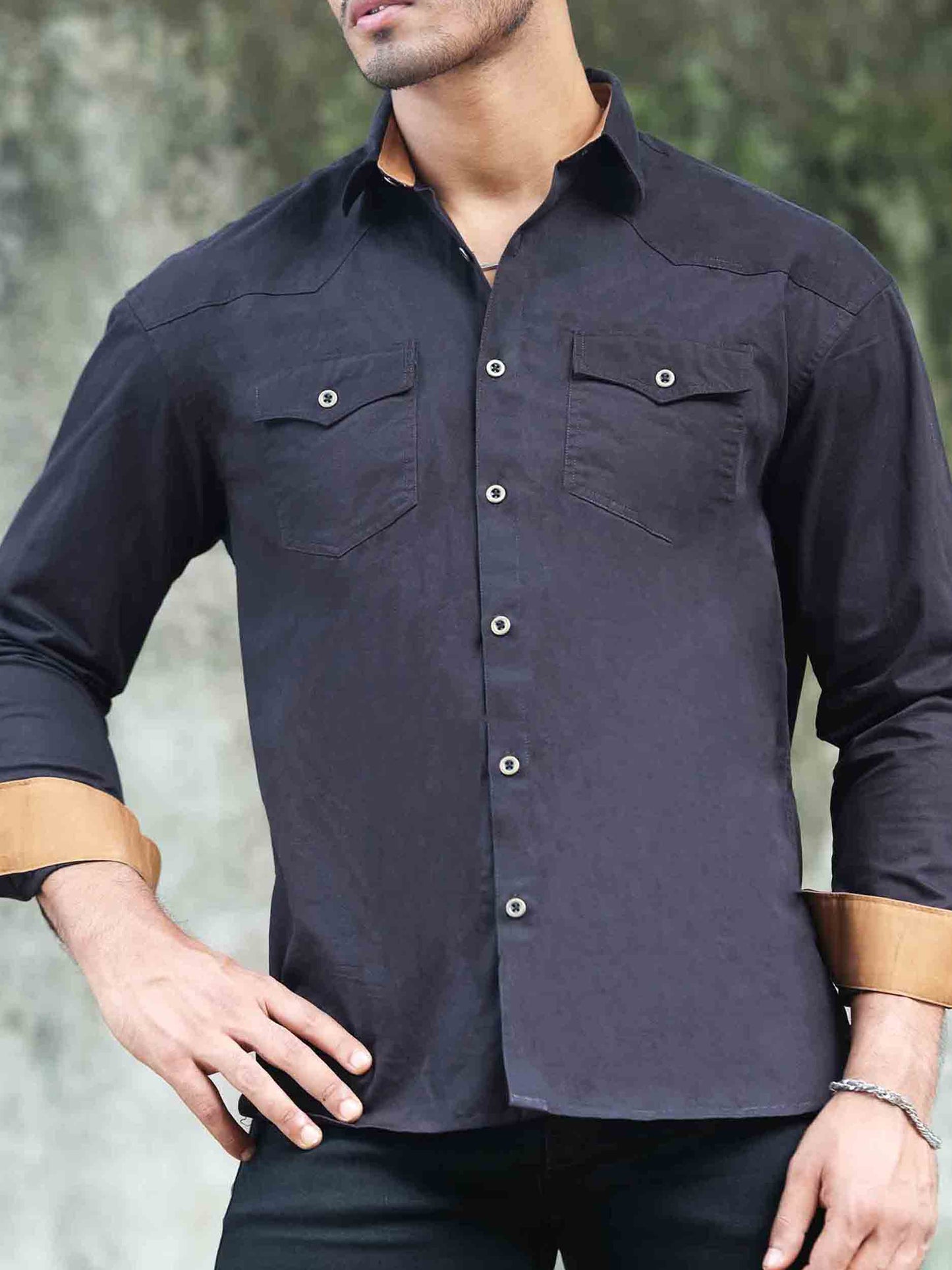 Black - copper contrast twill Drop shoulder full sleeve shirt