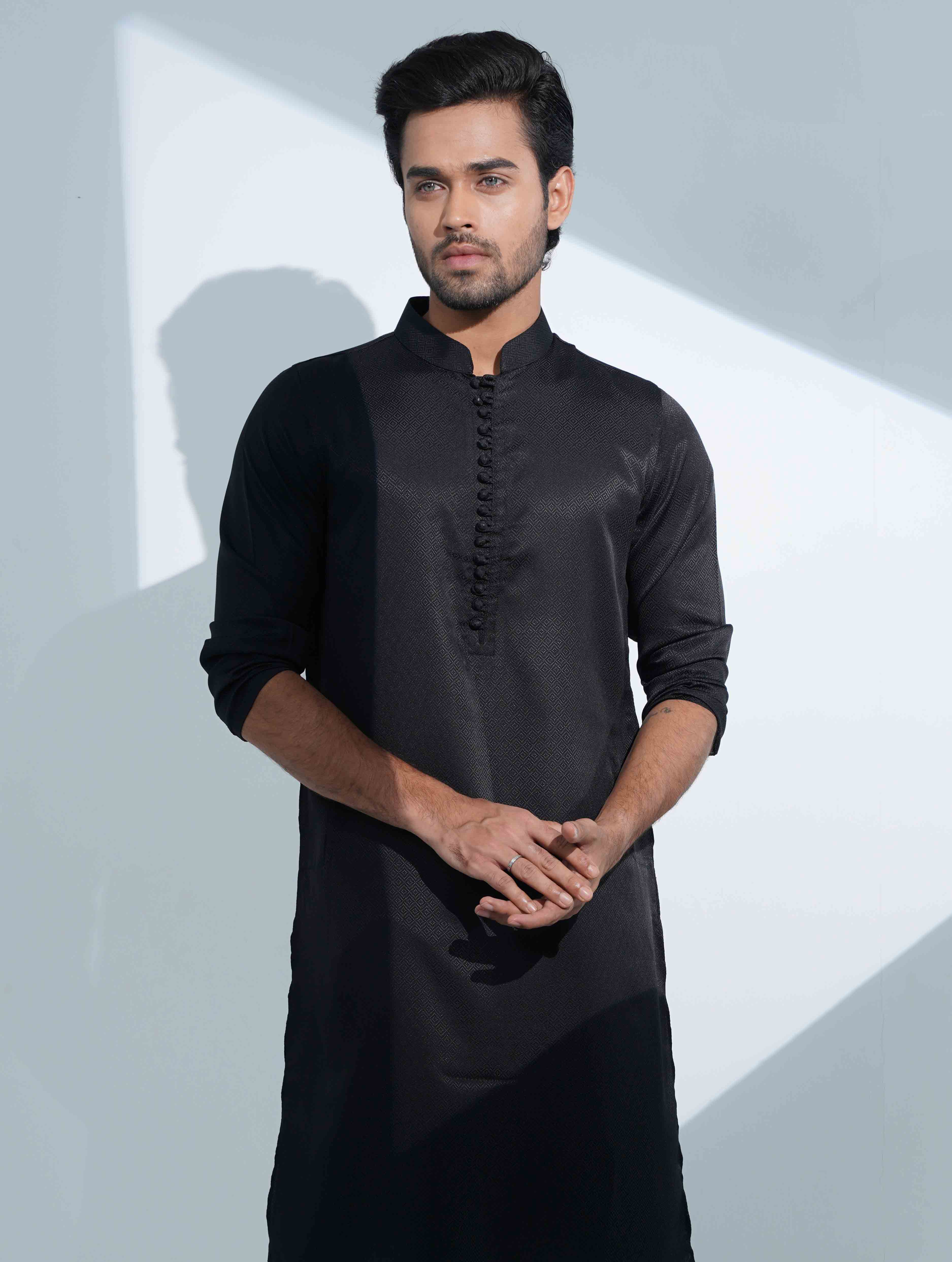 Licorice Black Aesthetic Solid Studs Button Panjabi