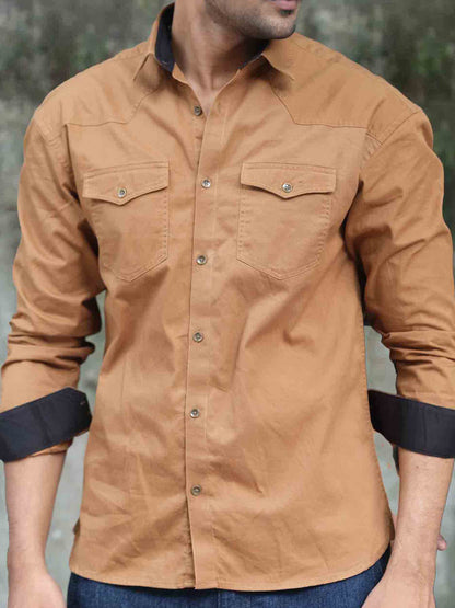 Copper-black pocket contrast twill Drop shoulder full sleeve shirt