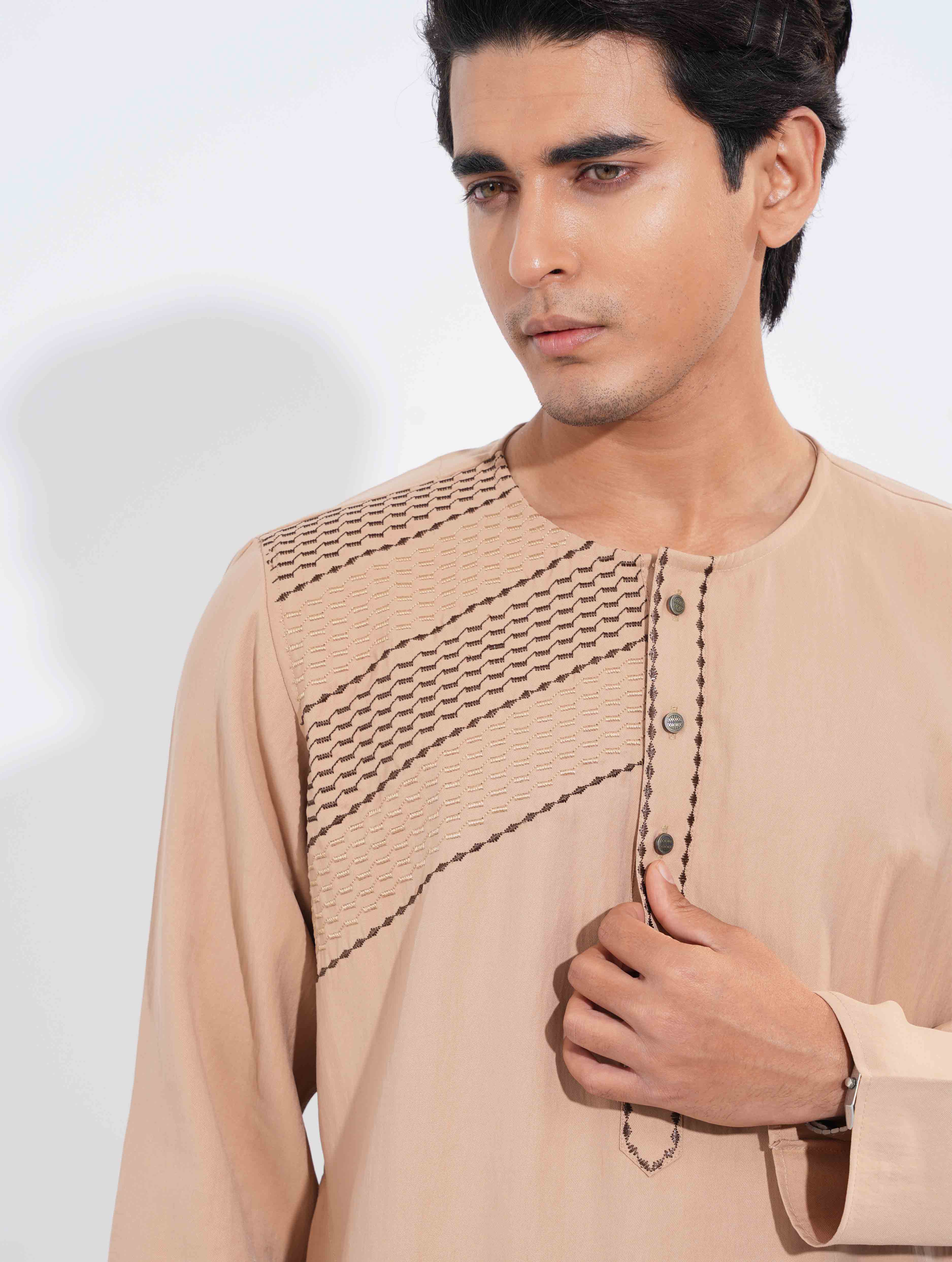 Moccasin color round neck embroidered panjabi