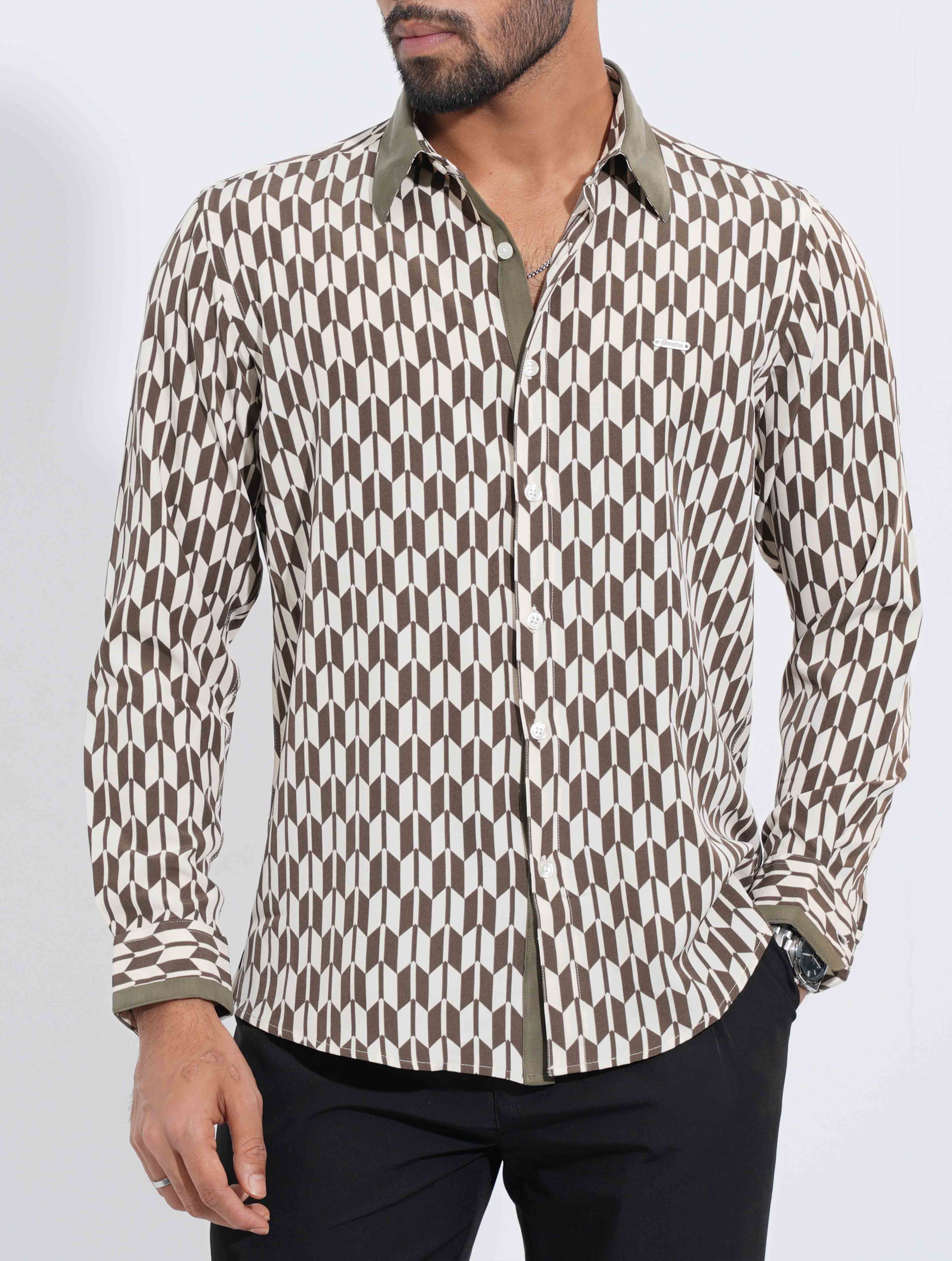 Olive Porcelain Architect Grid Printed Soft Linen Shirt