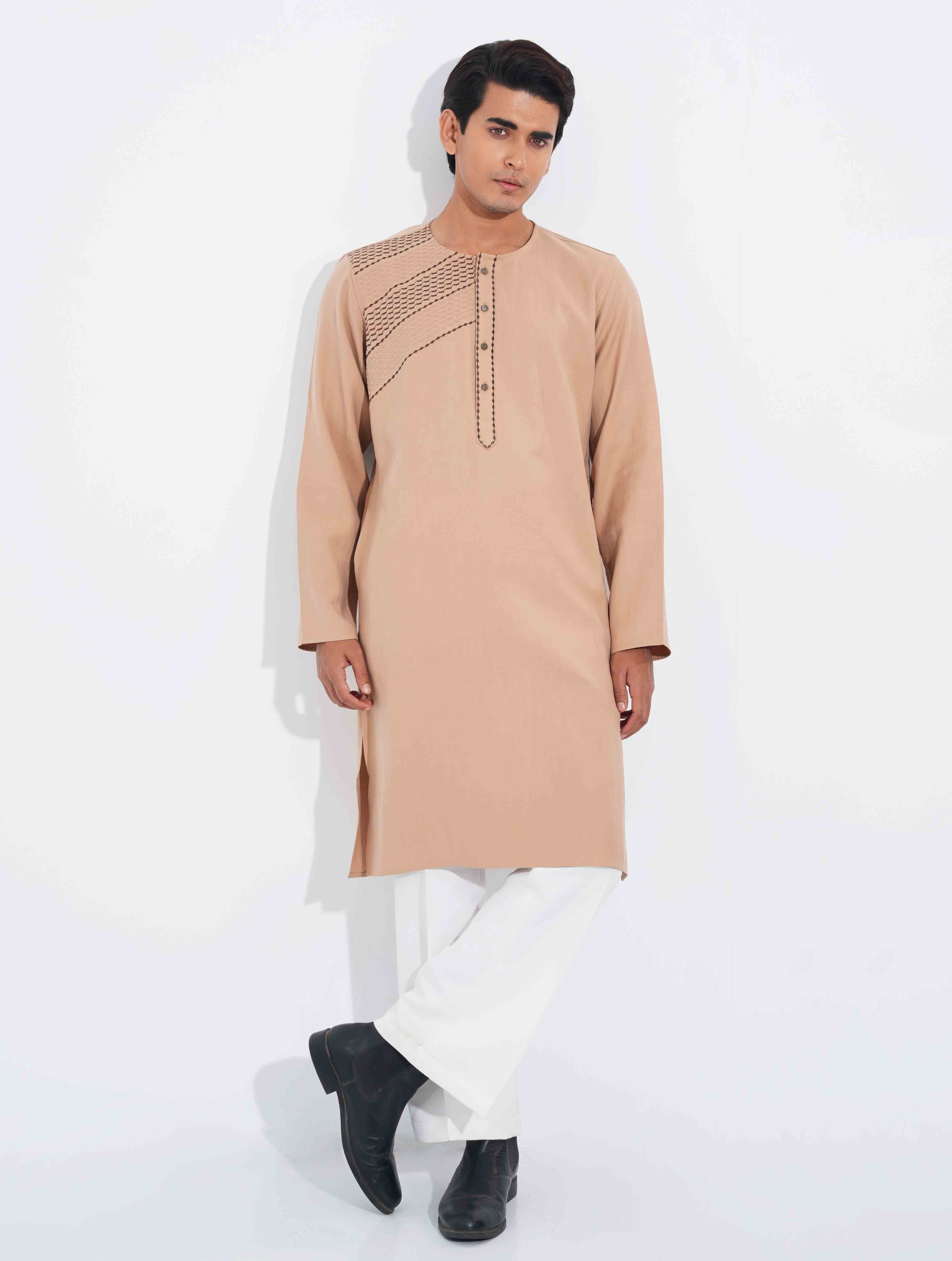 Moccasin color round neck embroidered panjabi