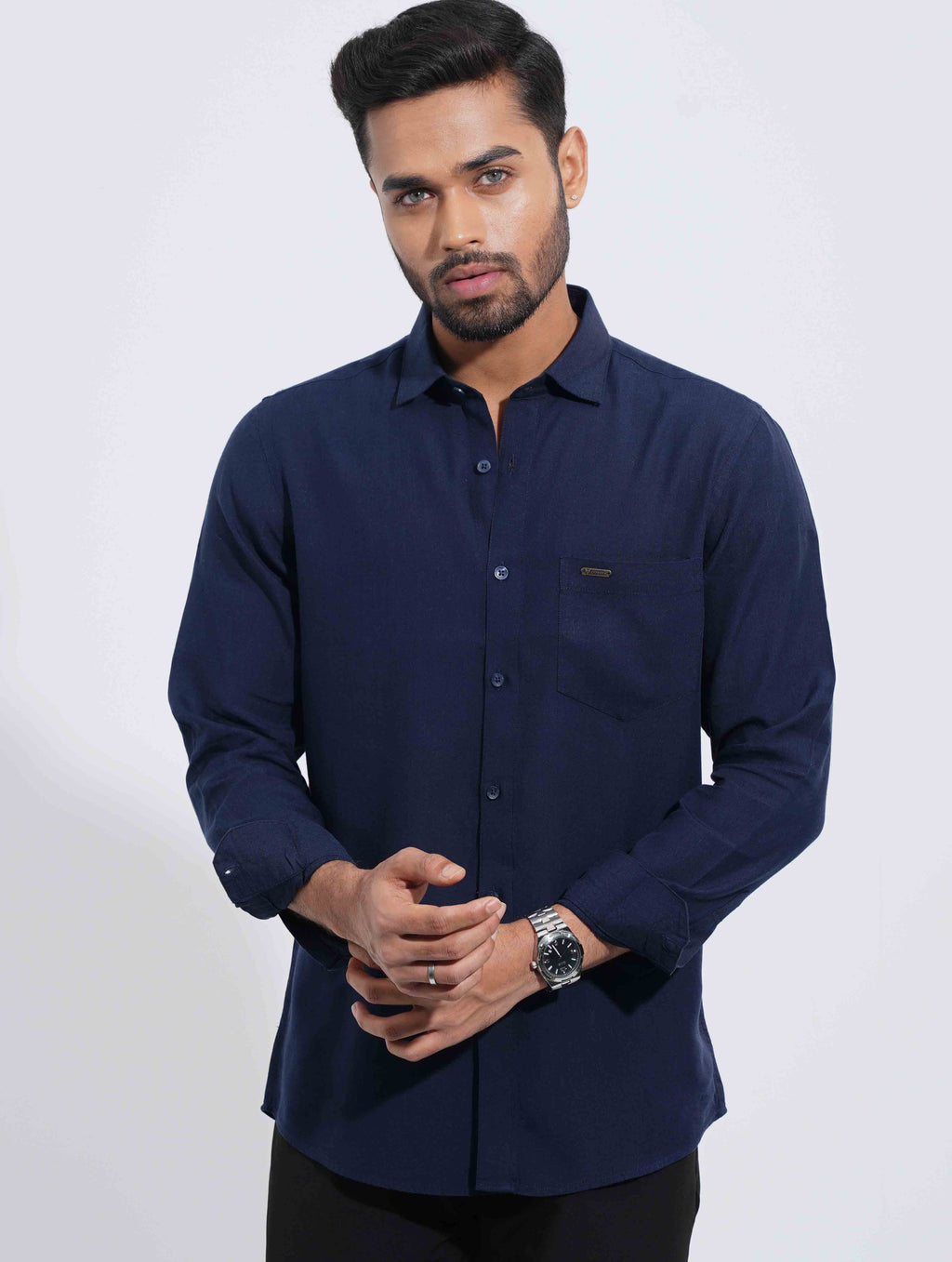 Deep Blue classic point collar remi cotton solid Shirt