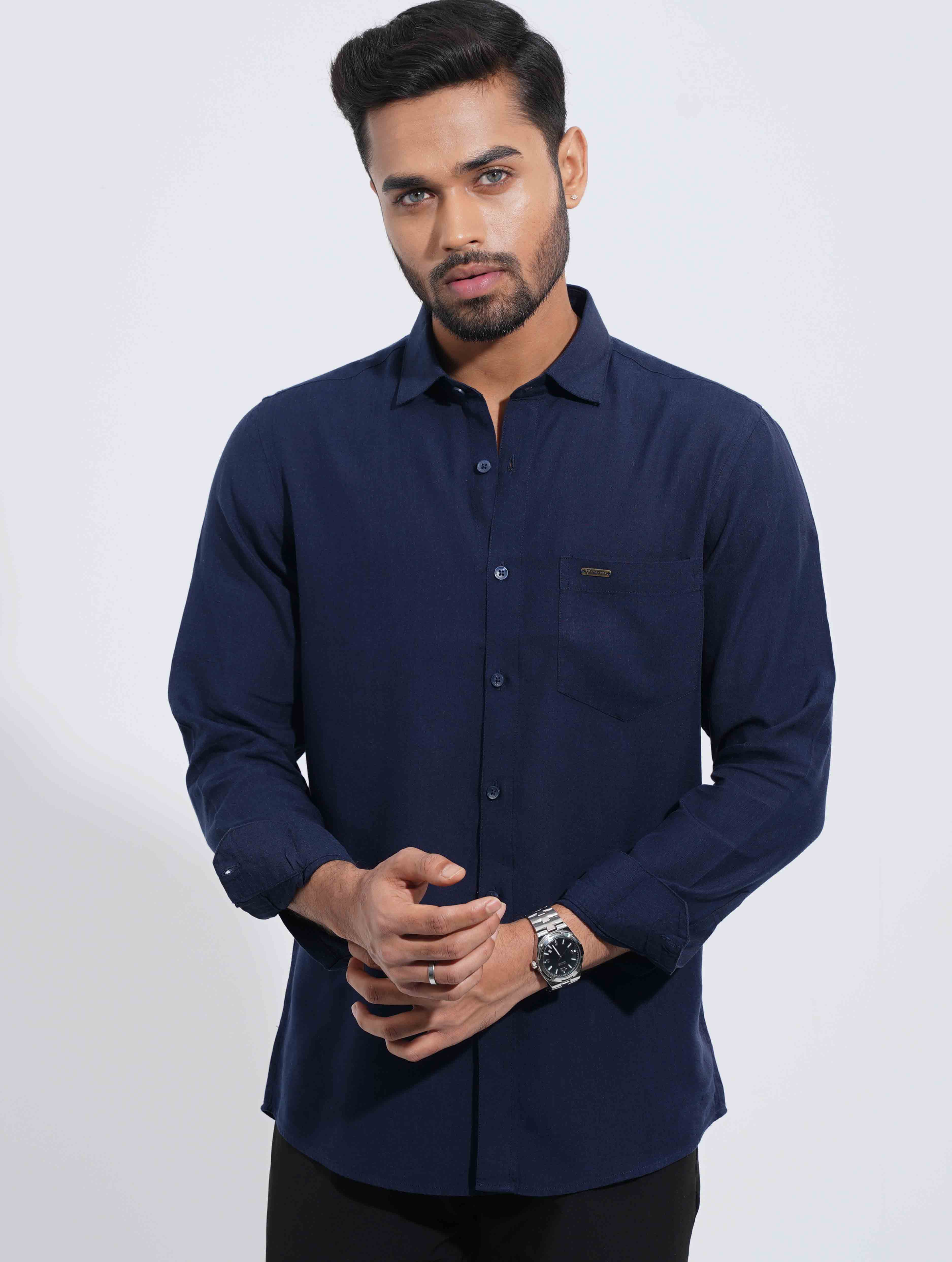 Deep Blue classic point collar remi cotton solid Shirt