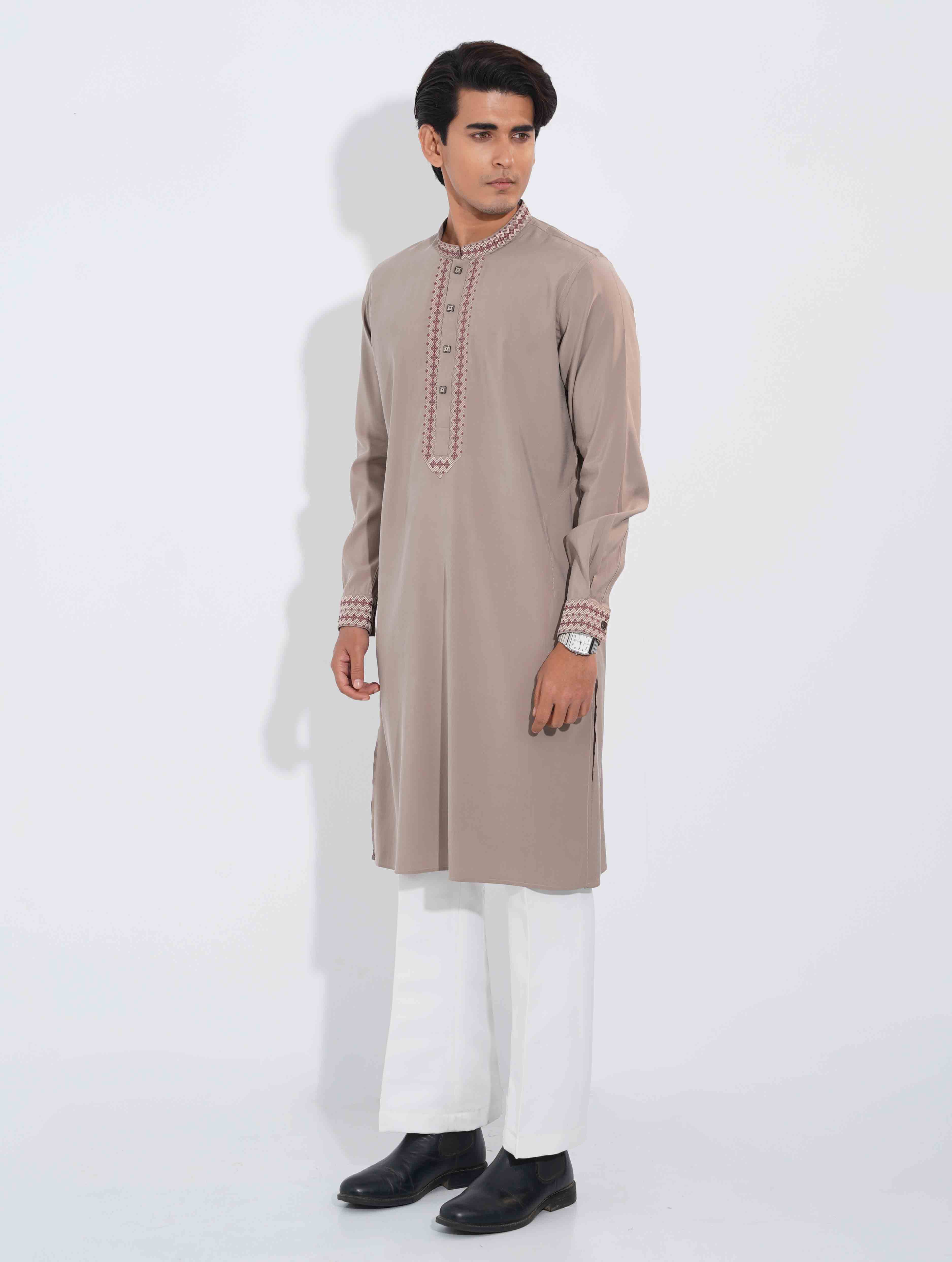 Ivory brown Royal Geometric Embroidery Tencel Panjabi