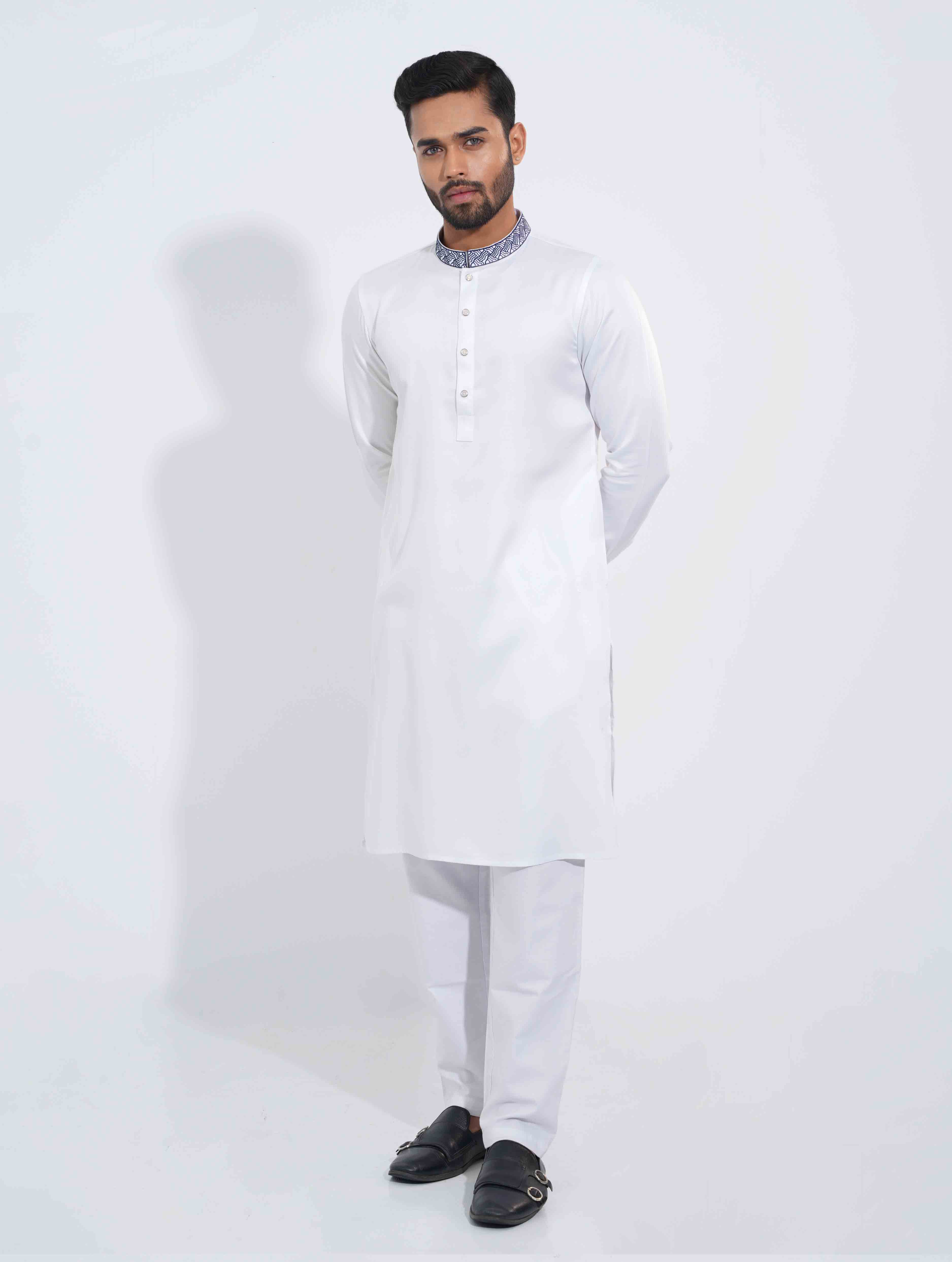 White Color Blue Mirage Signature Embroidery Panjabi