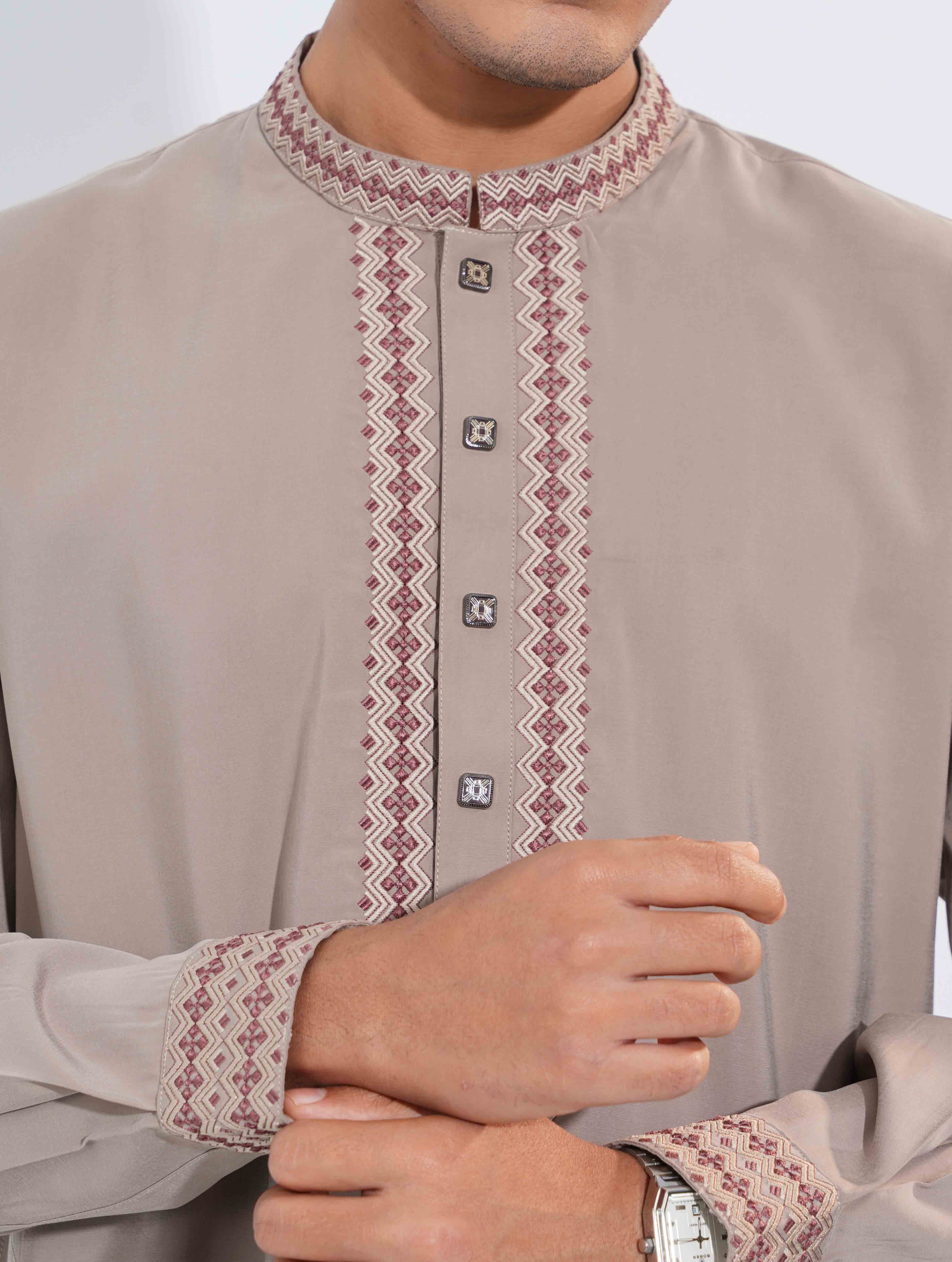 Ivory brown Royal Geometric Embroidery Tencel Panjabi