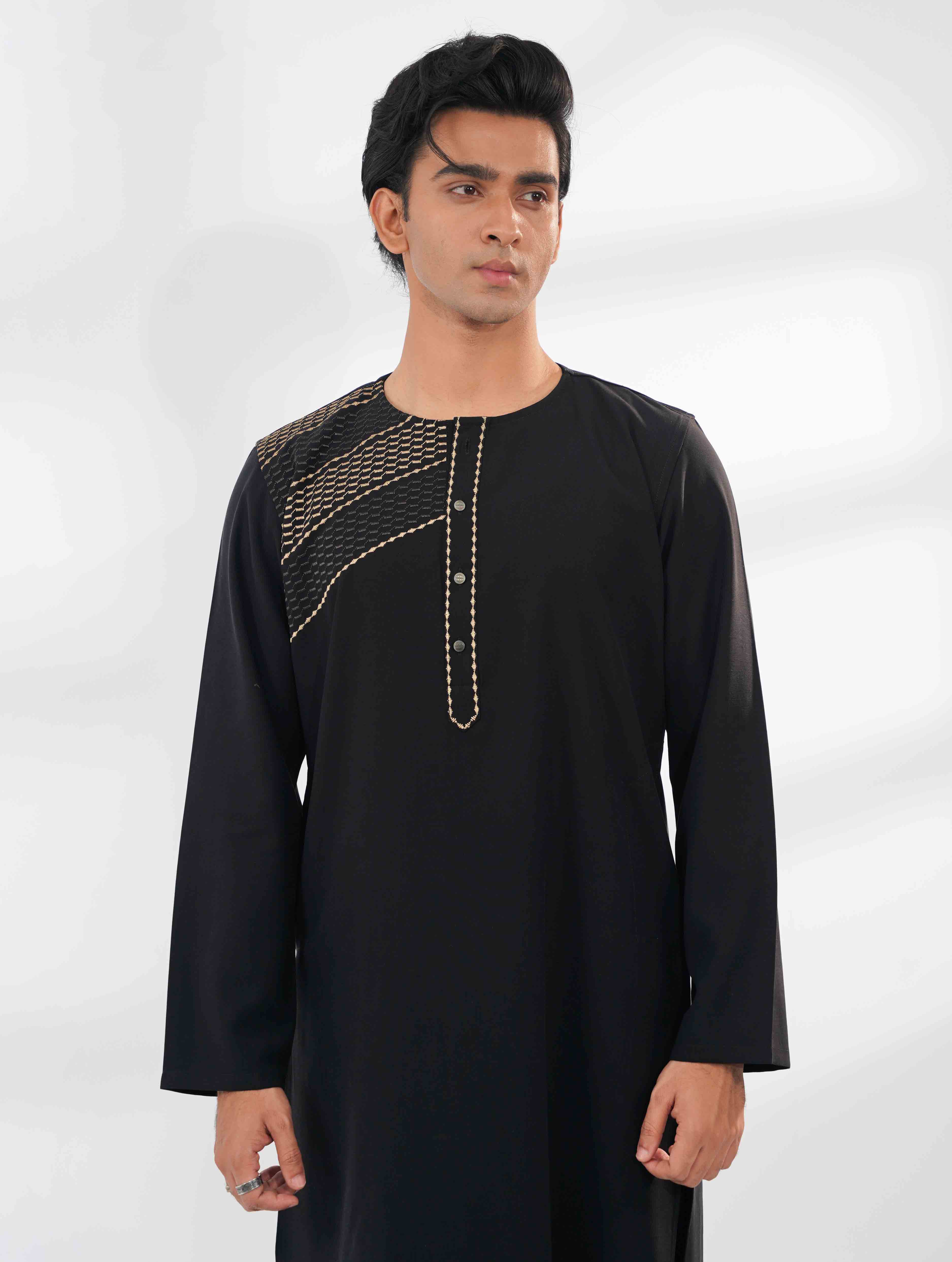 Midnight Black Half EmbroideryDesigner Overlap Collar Panjabi