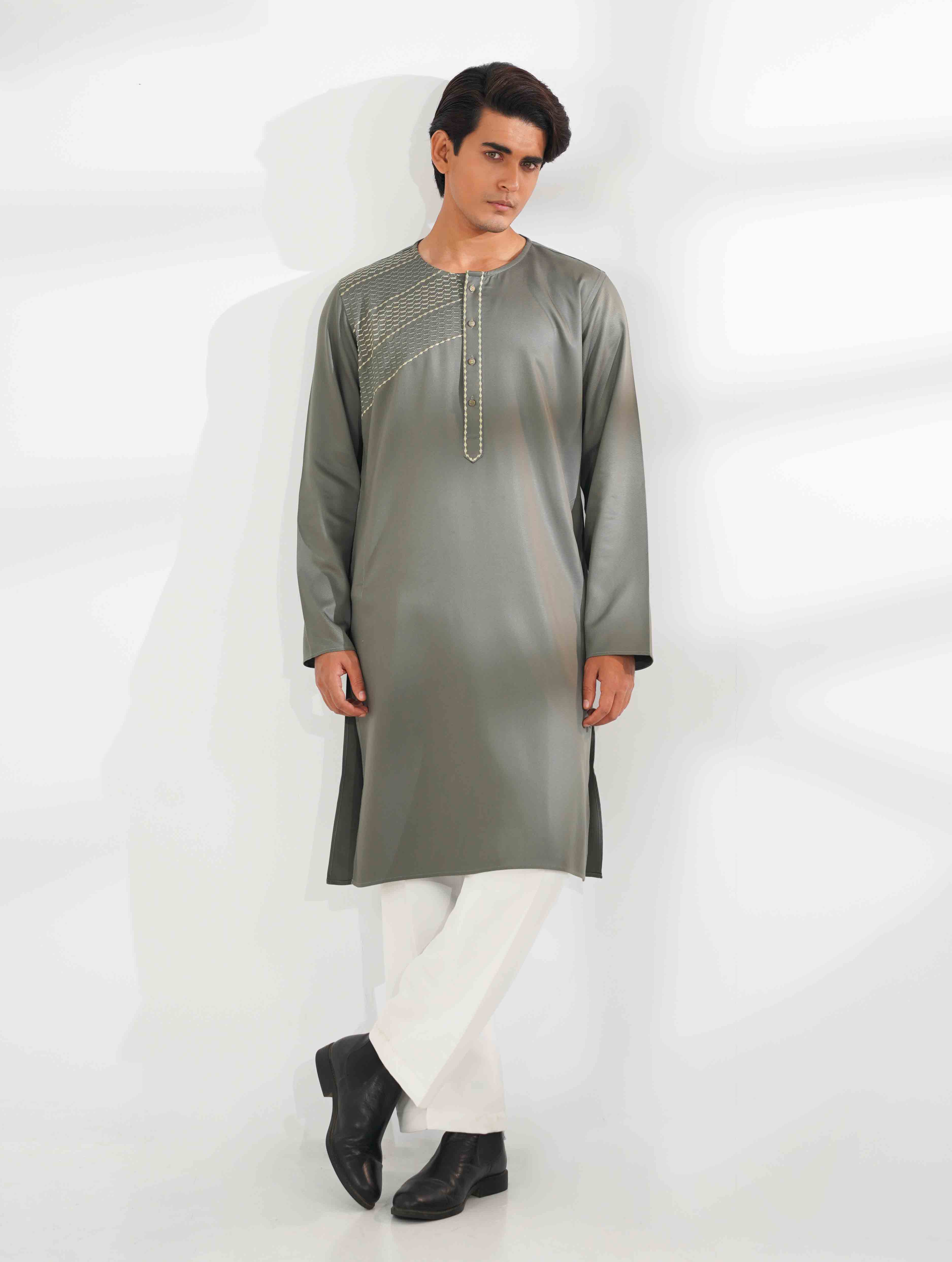 Olive round neck embroidered panjabi