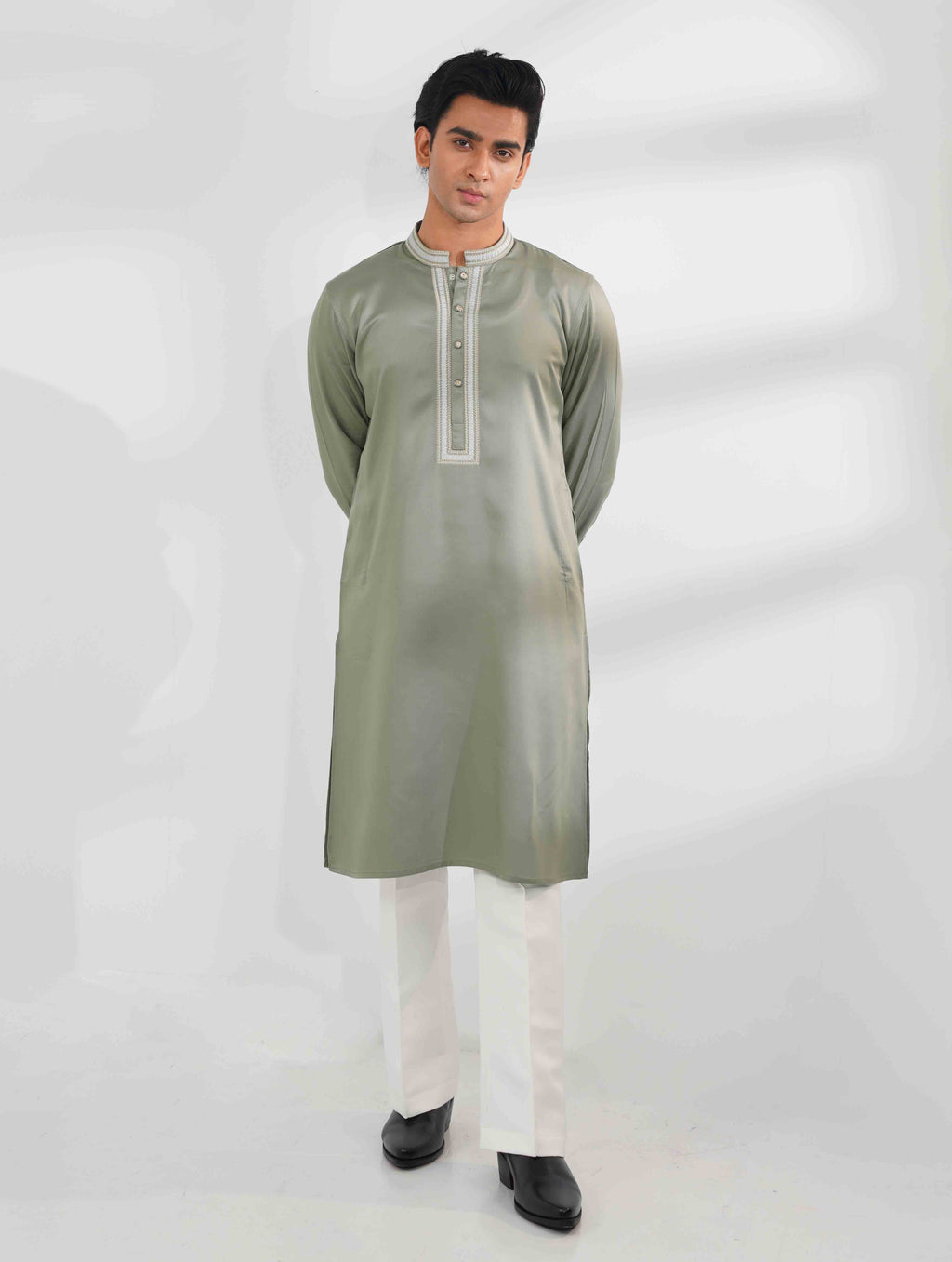 Light Olive Heritage Thread Embroidered Tencel panjabi