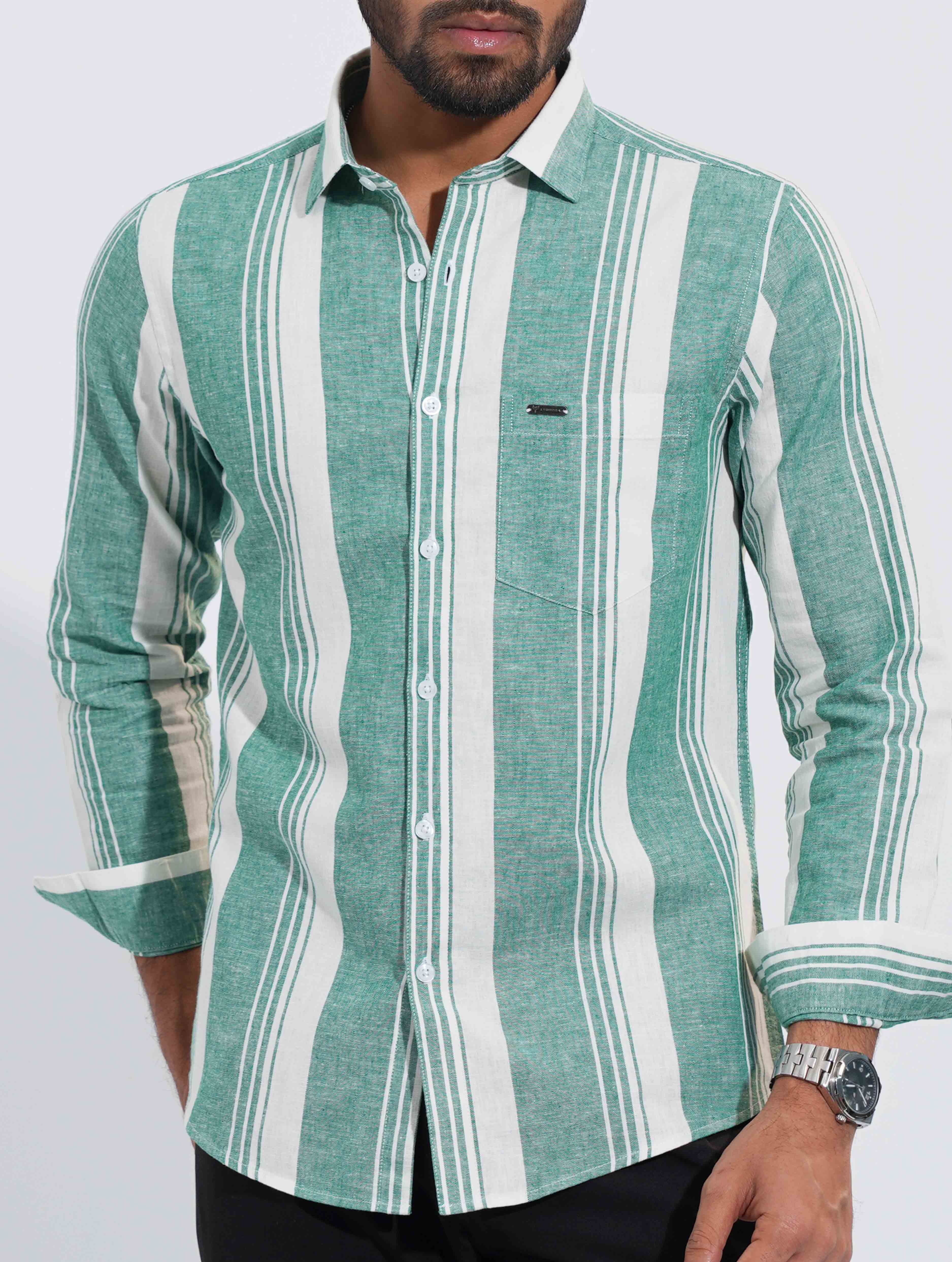 Green White Stripped Formal Full Sleeve