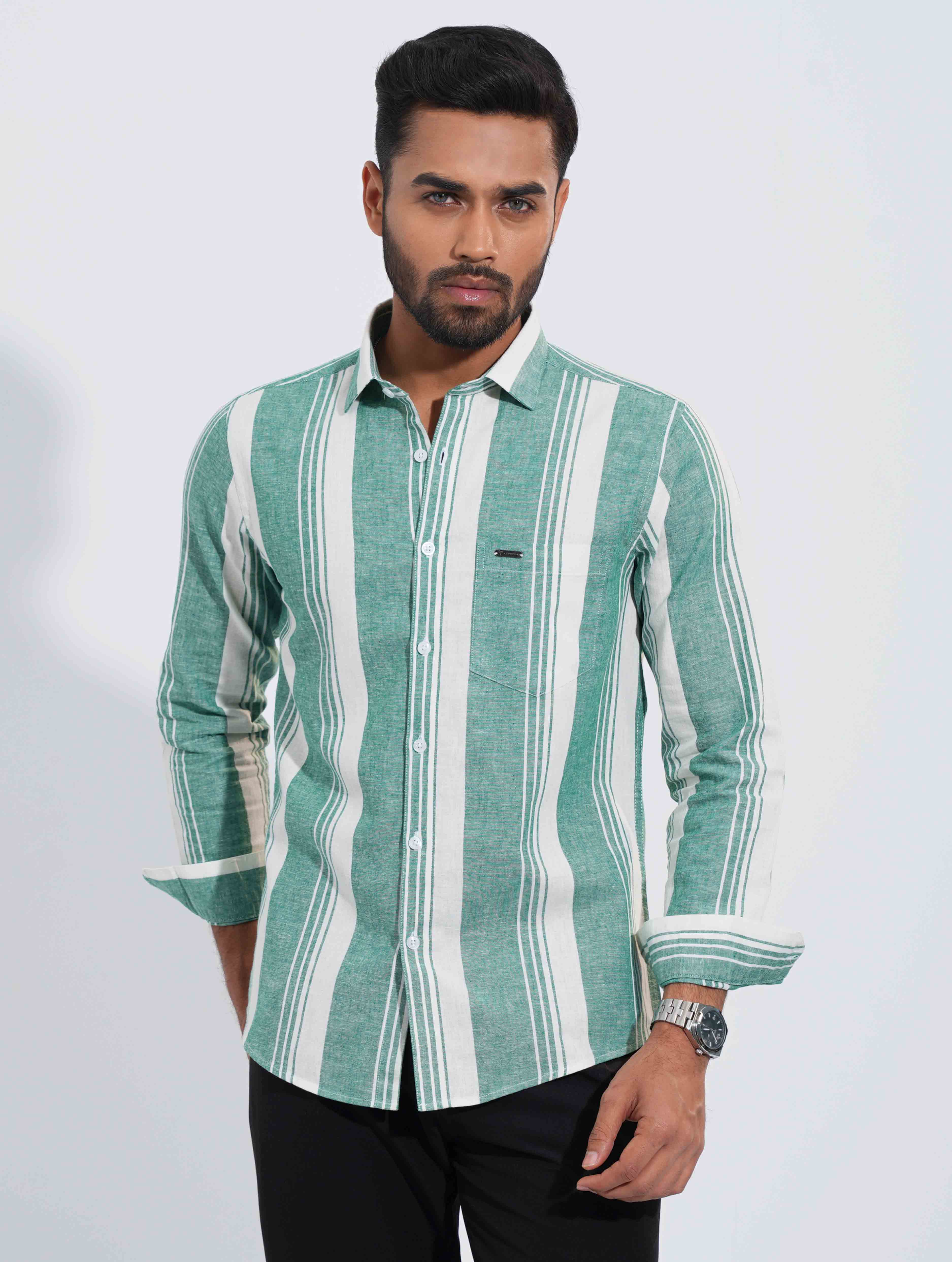 Green White Stripped Formal Full Sleeve
