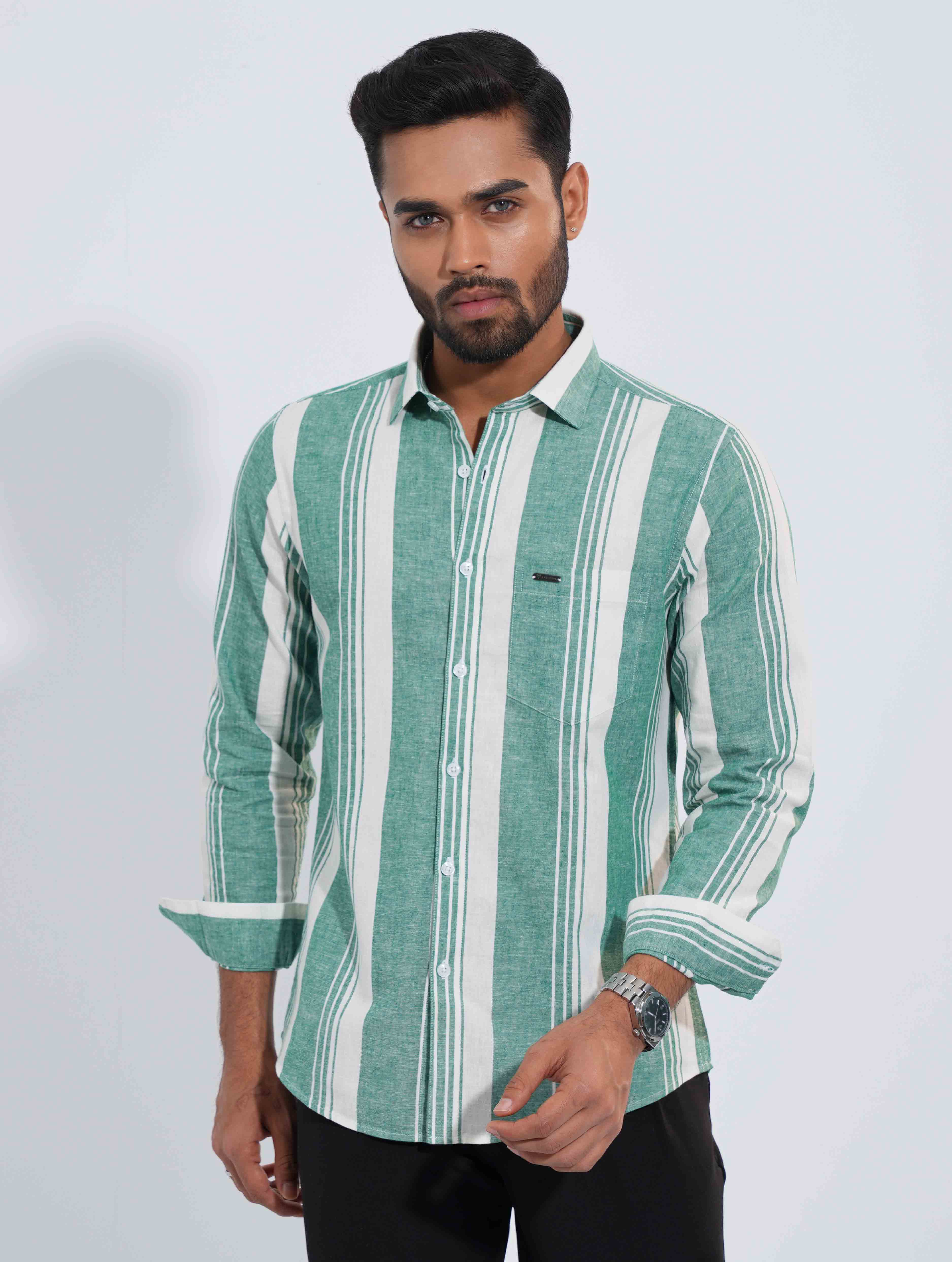Green White Stripped Formal Full Sleeve
