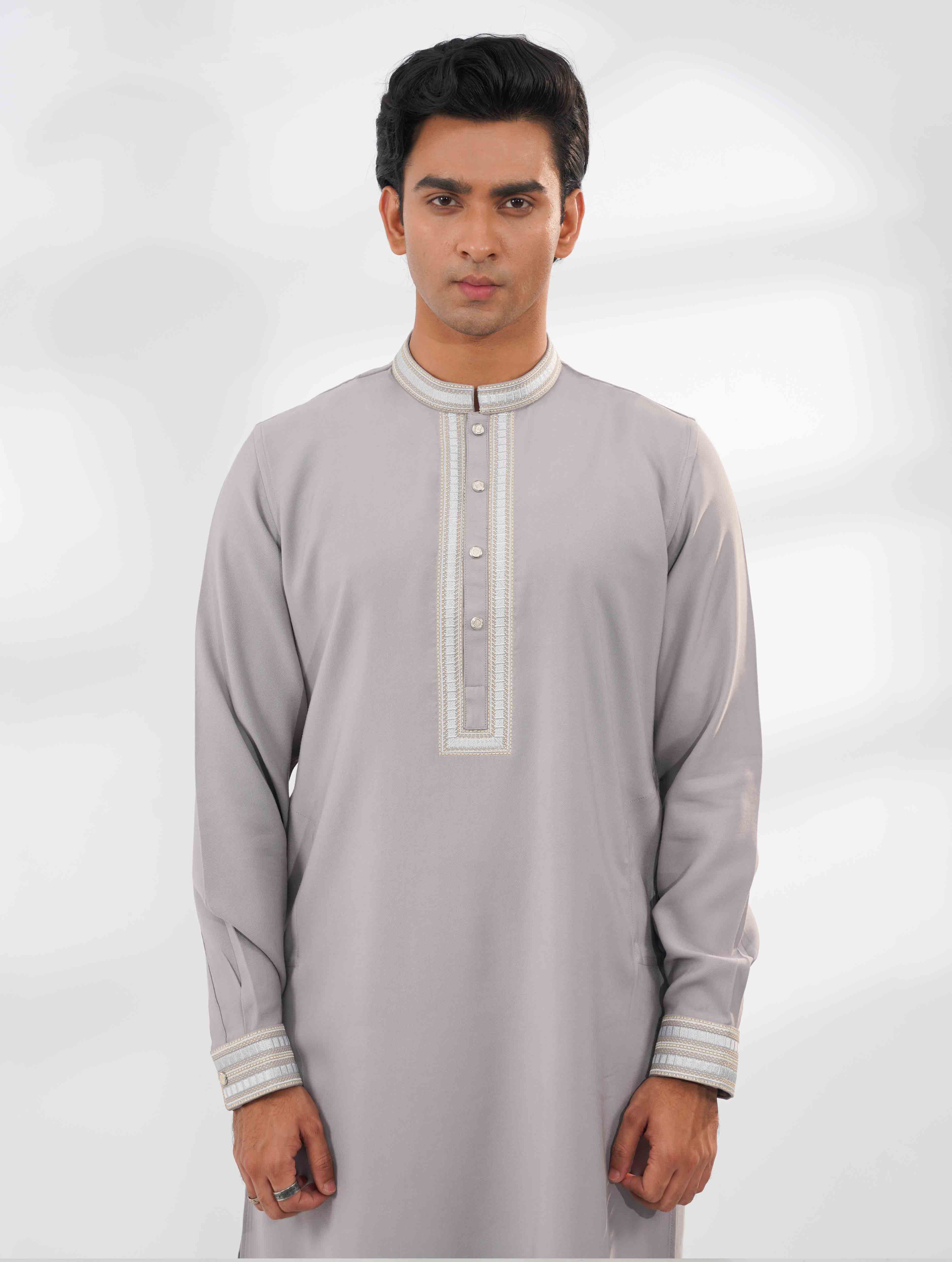 Moor Grey Heritage Thread Embroidered Tencel panjabi