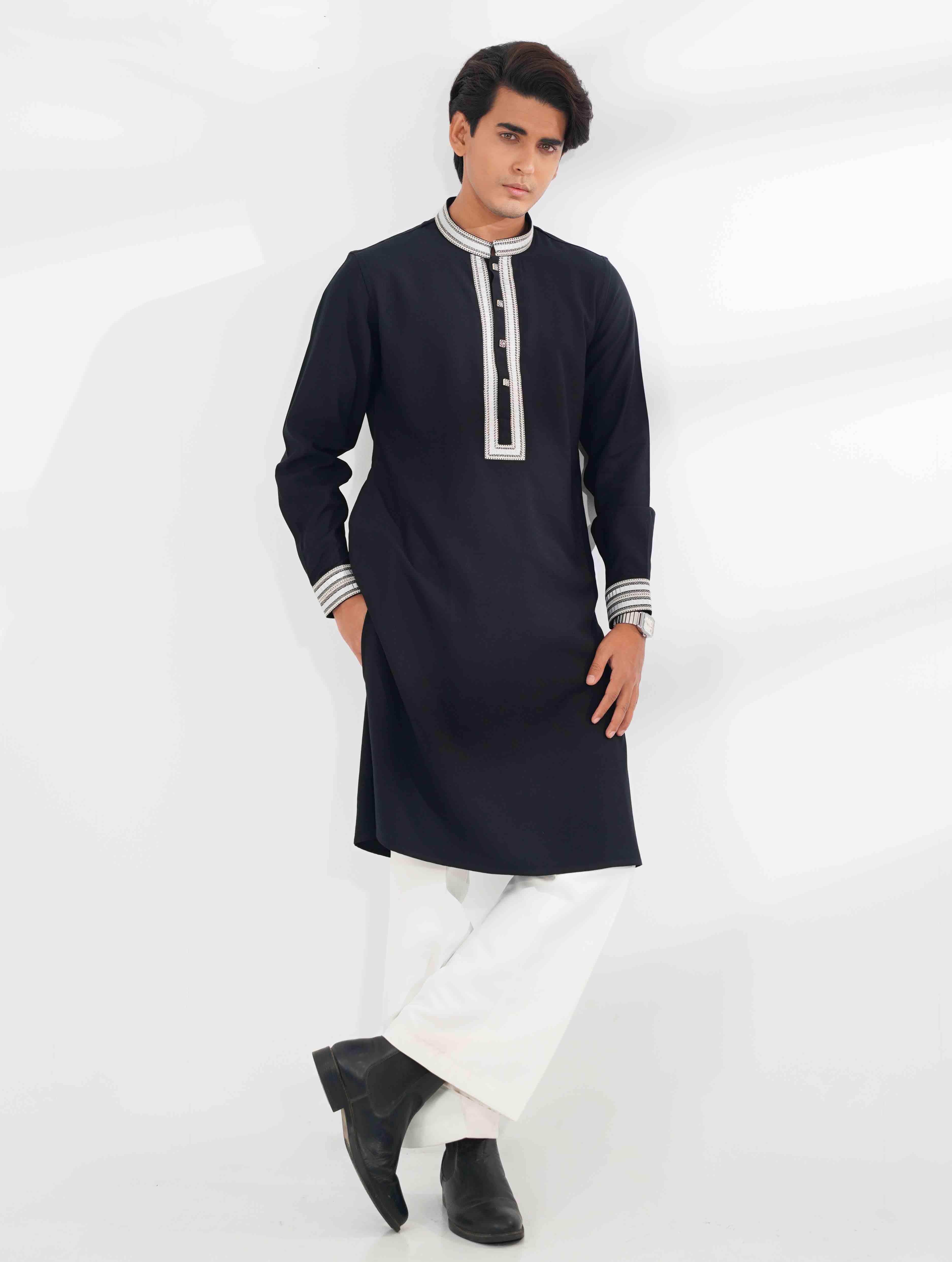 Italian Black Heritage Thread Embroidered Tencel panjabi