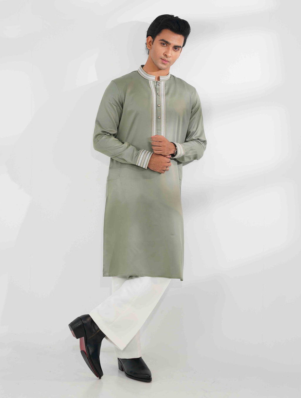 Light Olive Heritage Thread Embroidered Tencel panjabi