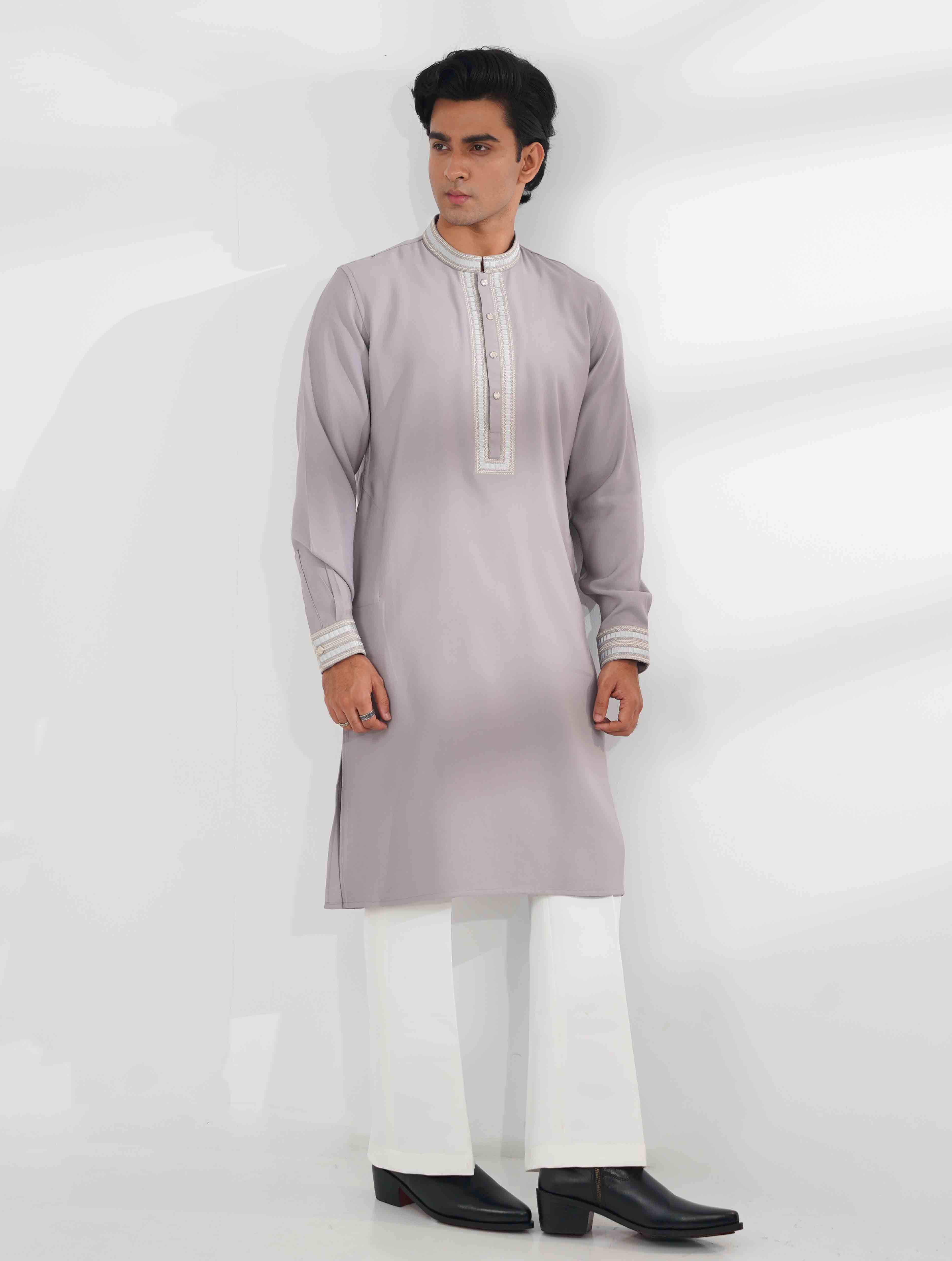 Moor Grey Heritage Thread Embroidered Tencel panjabi