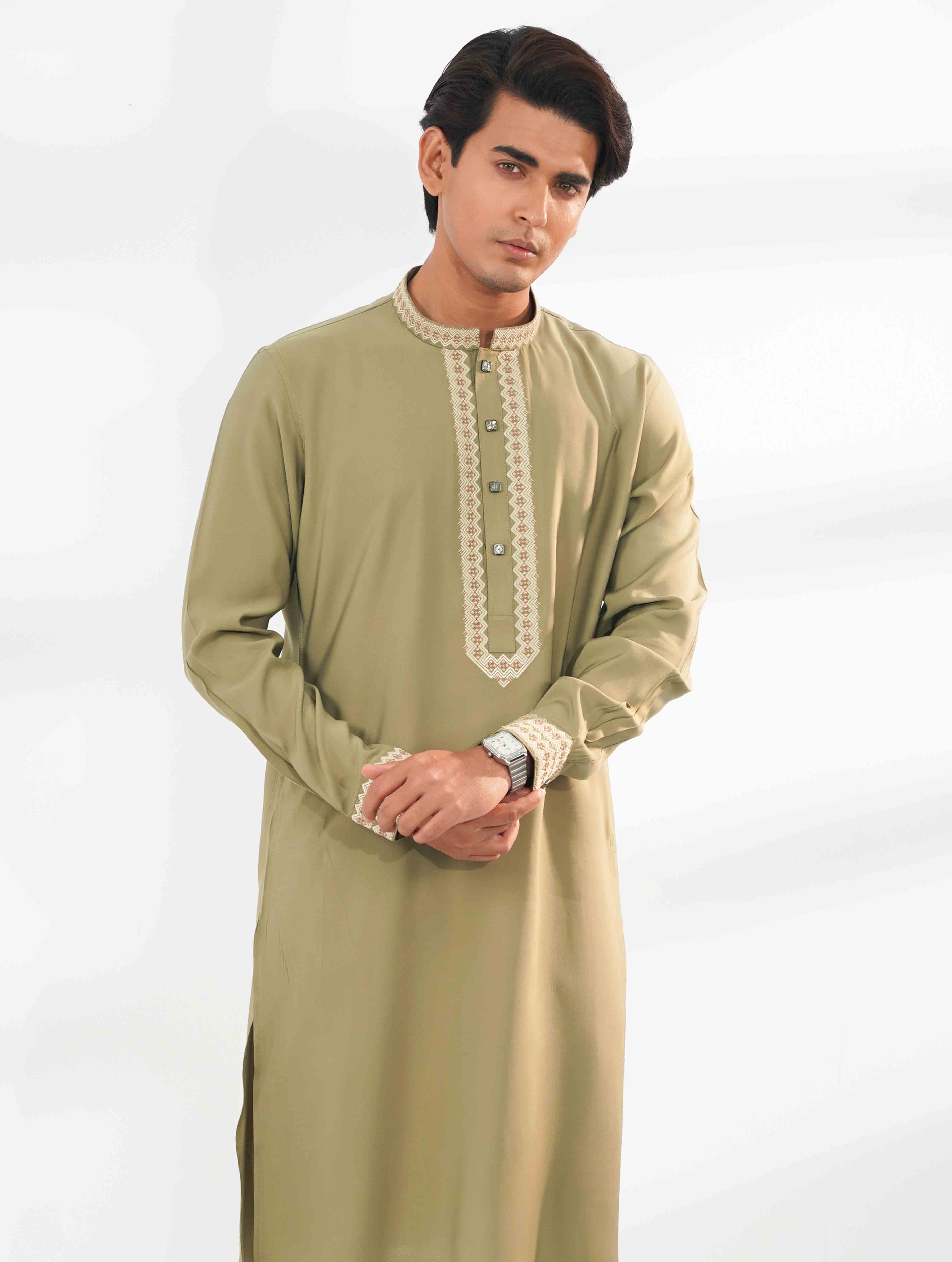 Light Olive Royal Geometric Embroidered Tencel Panjabi