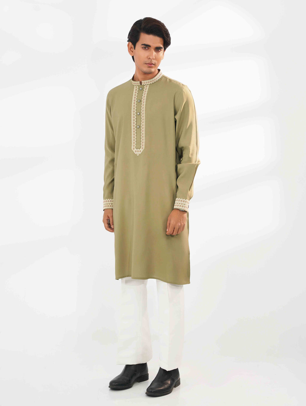 Light Olive Royal Geometric Embroidered Tencel Panjabi