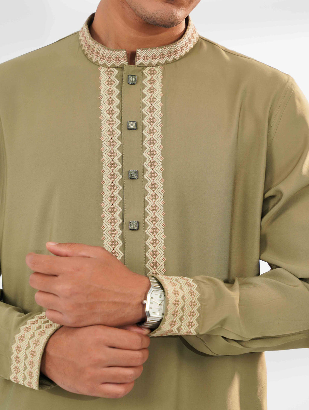 Light Olive Royal Geometric Embroidered Tencel Panjabi