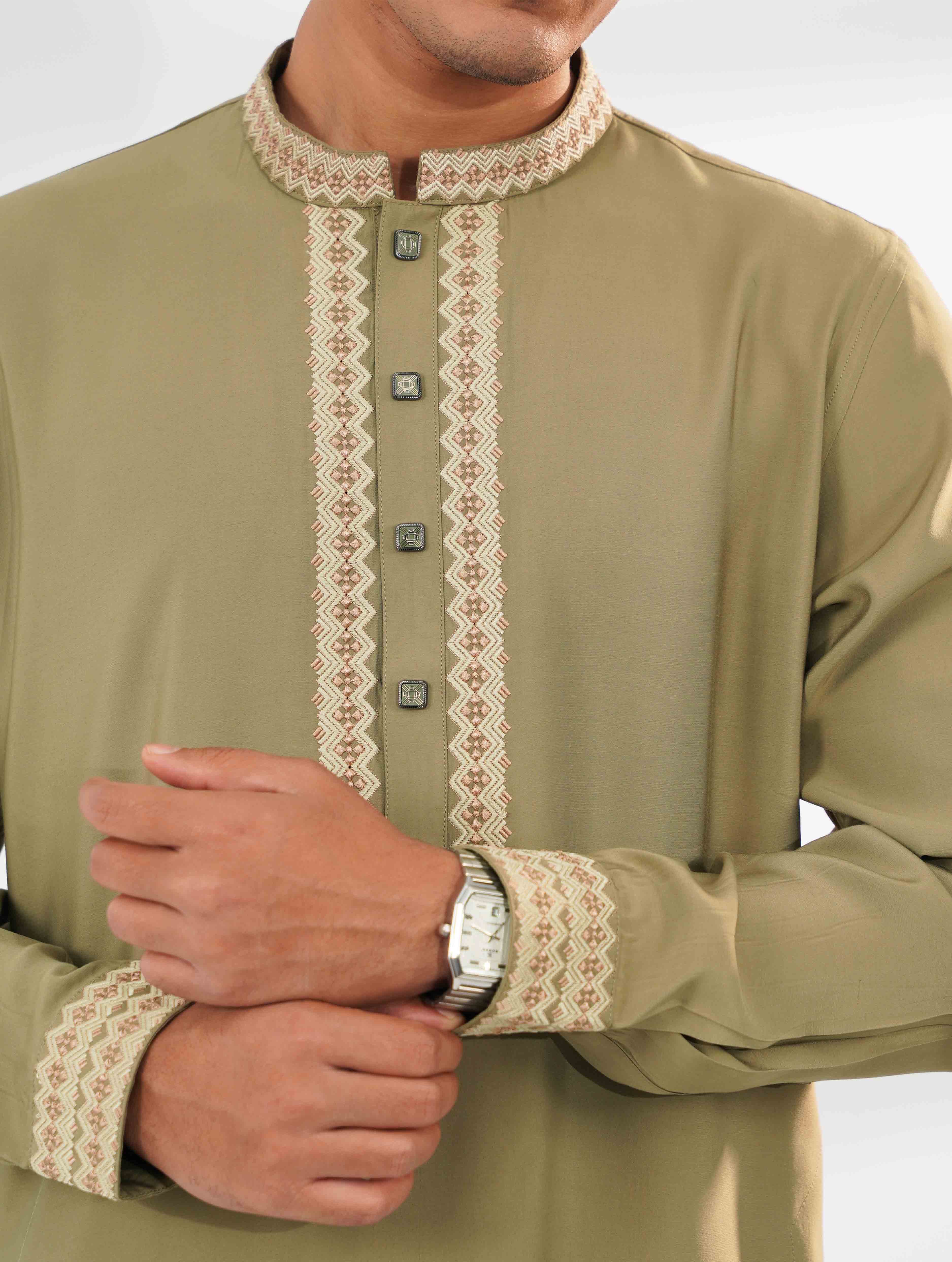 Light Olive Royal Geometric Embroidered Tencel Panjabi