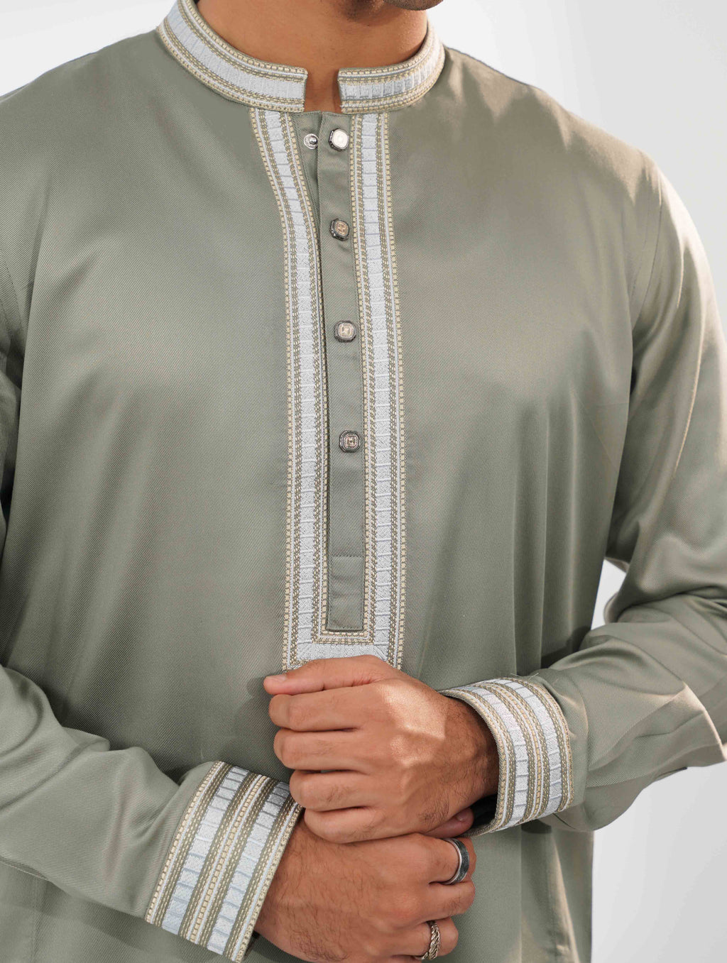 Light Olive Heritage Thread Embroidered Tencel panjabi