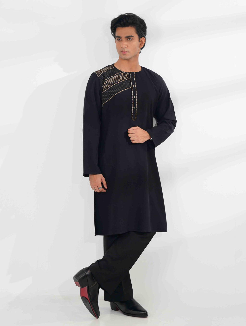 Midnight Black Half EmbroideryDesigner Overlap Collar Panjabi