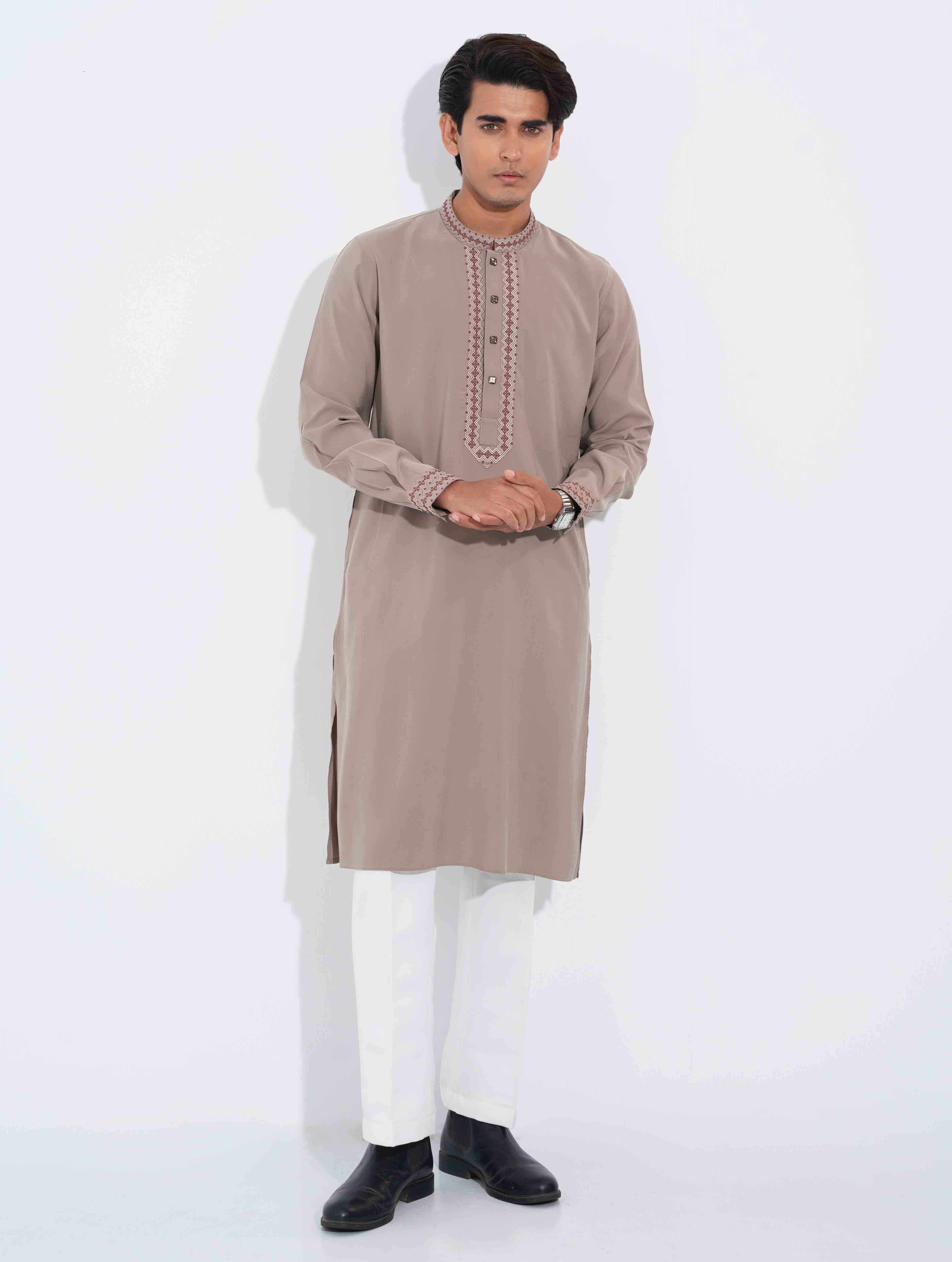 Ivory brown Royal Geometric Embroidery Tencel Panjabi