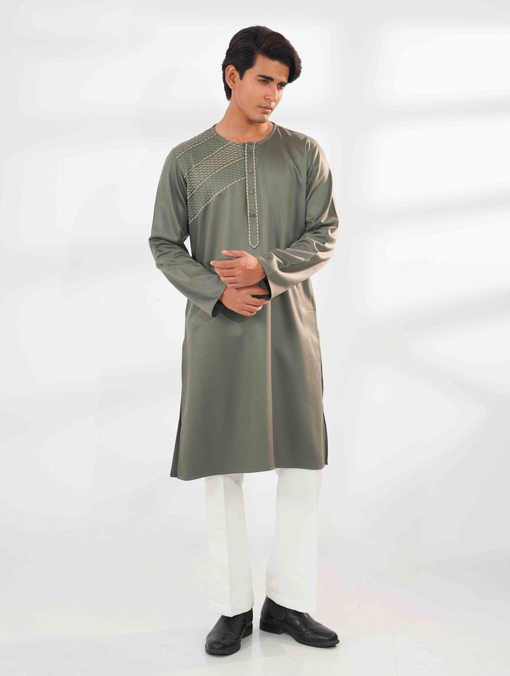 Olive round neck embroidered panjabi