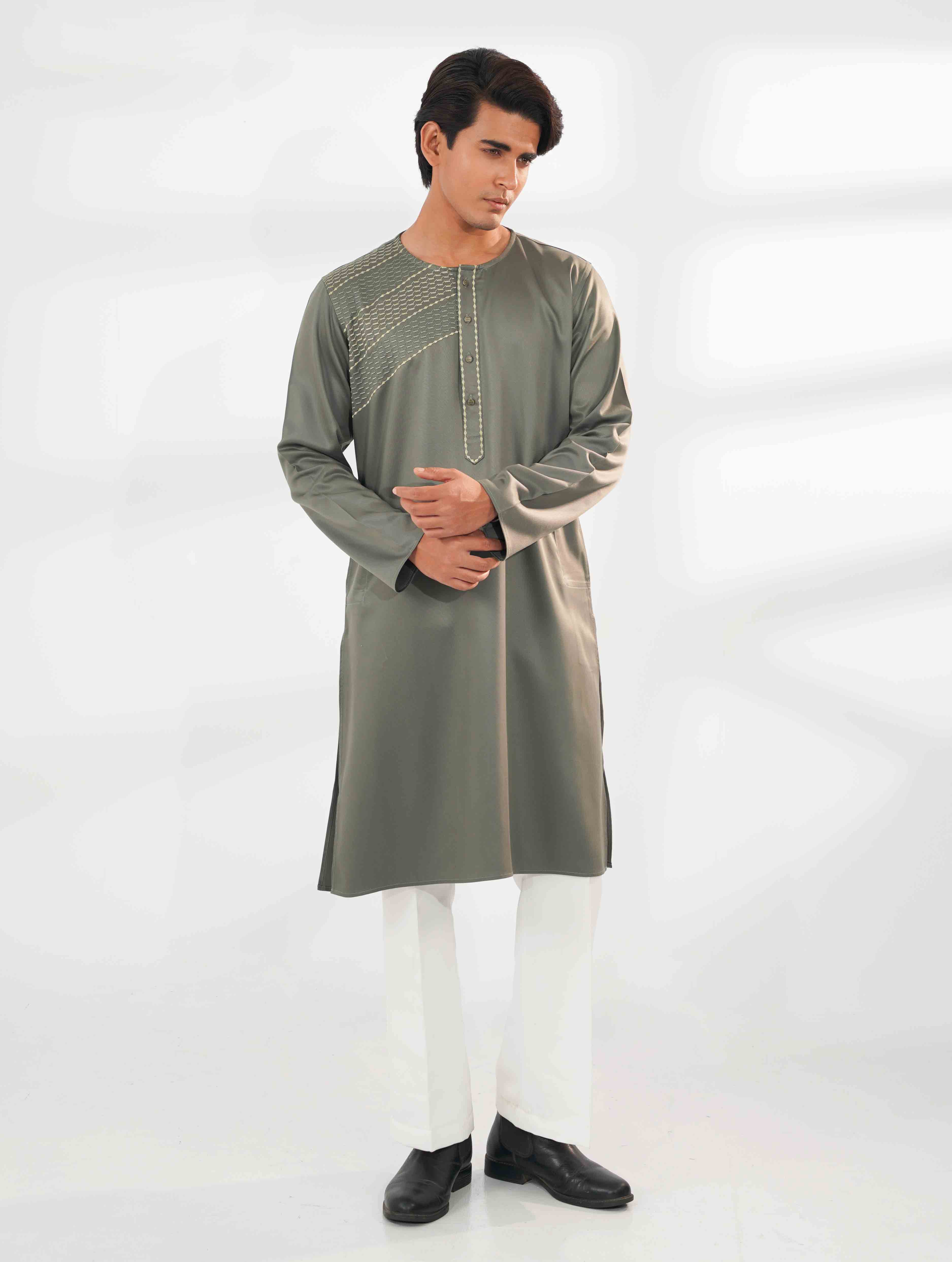 Olive round neck embroidered panjabi
